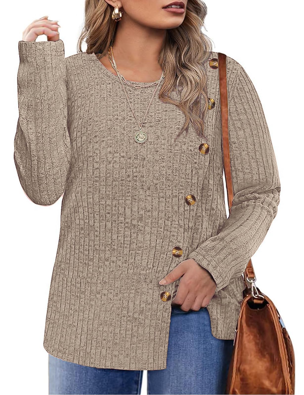 SyphibyPlus Size Jumpers for Women Lightweight Long Sleeve Tops Casual Crew Neck Buttons Side Split Tunic Shirts XL-5XL