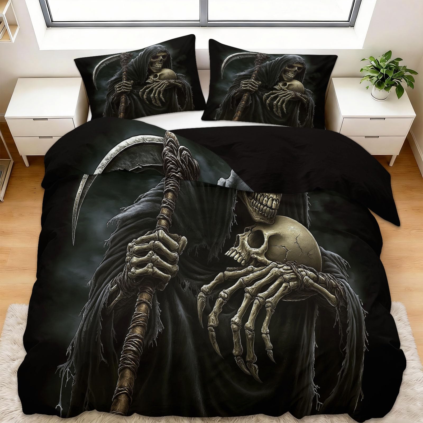 Juego de funda de edredón individual de Halloween, esqueleto de la muerte oscura con estampado 3D, microfibra de poliéster cepillado suave, color negro, reversible, transpirable, suave, para niños y