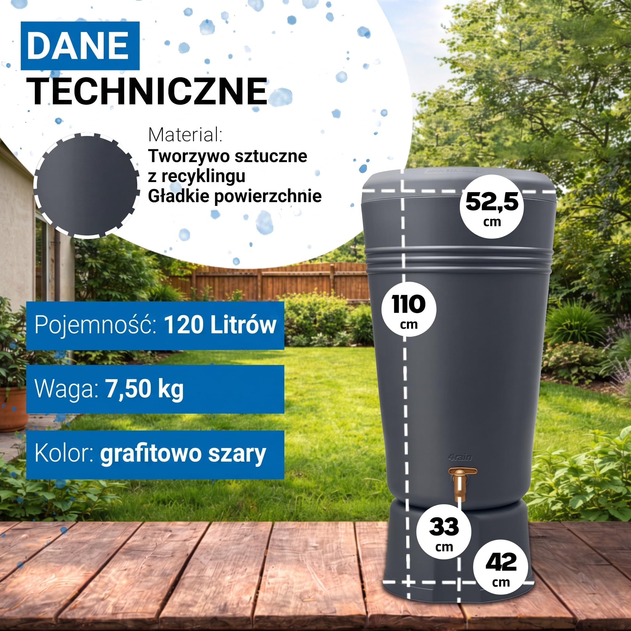 4rain AZURA 2w1 zbiornik na deszczówkę 120 l graphite grey | z misą na rośliny i podstawką