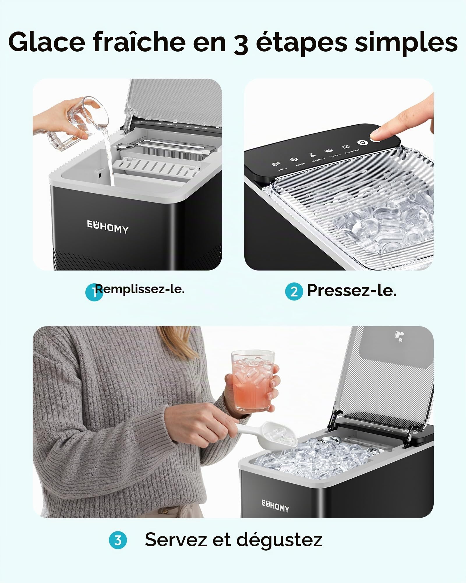 EUHOMY Machine à Glaçons Conception Compacte Réglage à Un Bouton 9 Glaçons en 2 Tailles Nettoyage Automatique Alertes Intelligentes Couvercle Transparent Noir pour Bureau/Cuisine/Chambre