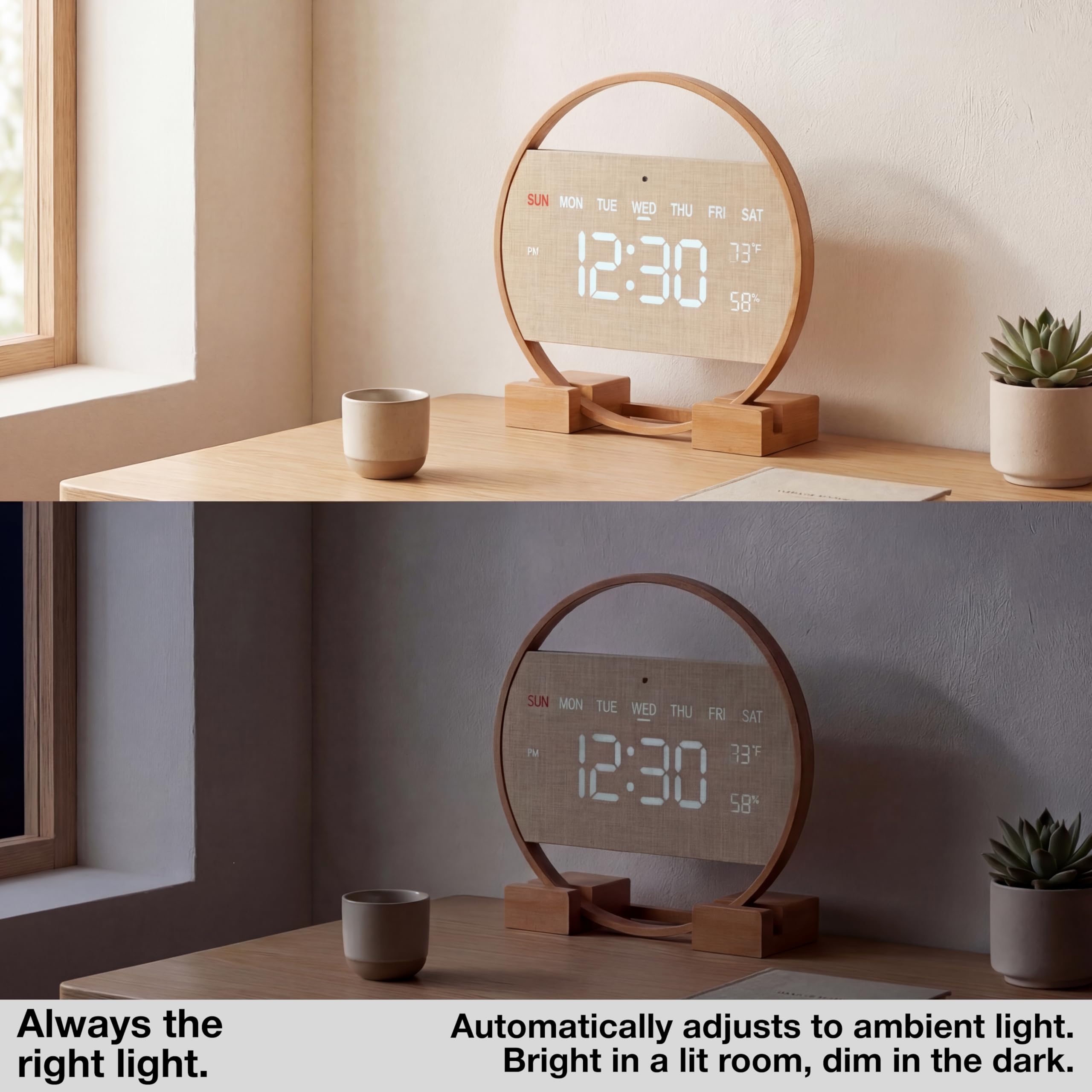 Driini Moderno reloj de pared digital LED, madera de bambú con pantalla de números grandes, día de la semana, hora, temperatura y humedad, decoración estética bohemia para sala de estar o dormitorio,