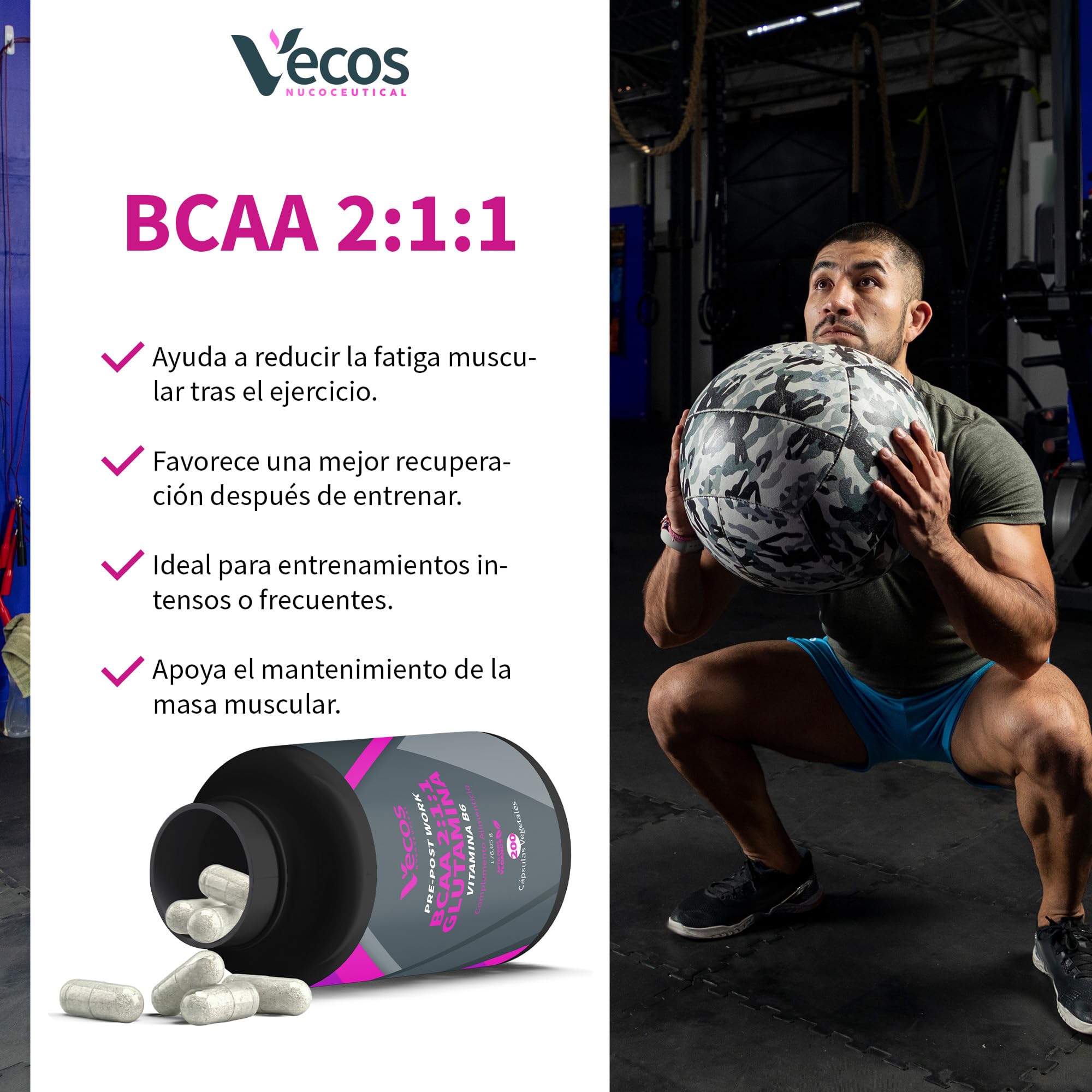 Suplemento Deportivo Pre y Post Workout | BCAA 2:1:1 + Glutamina + Vitamina B6 | Contribuye al Crecimiento y la Recuperación Muscular