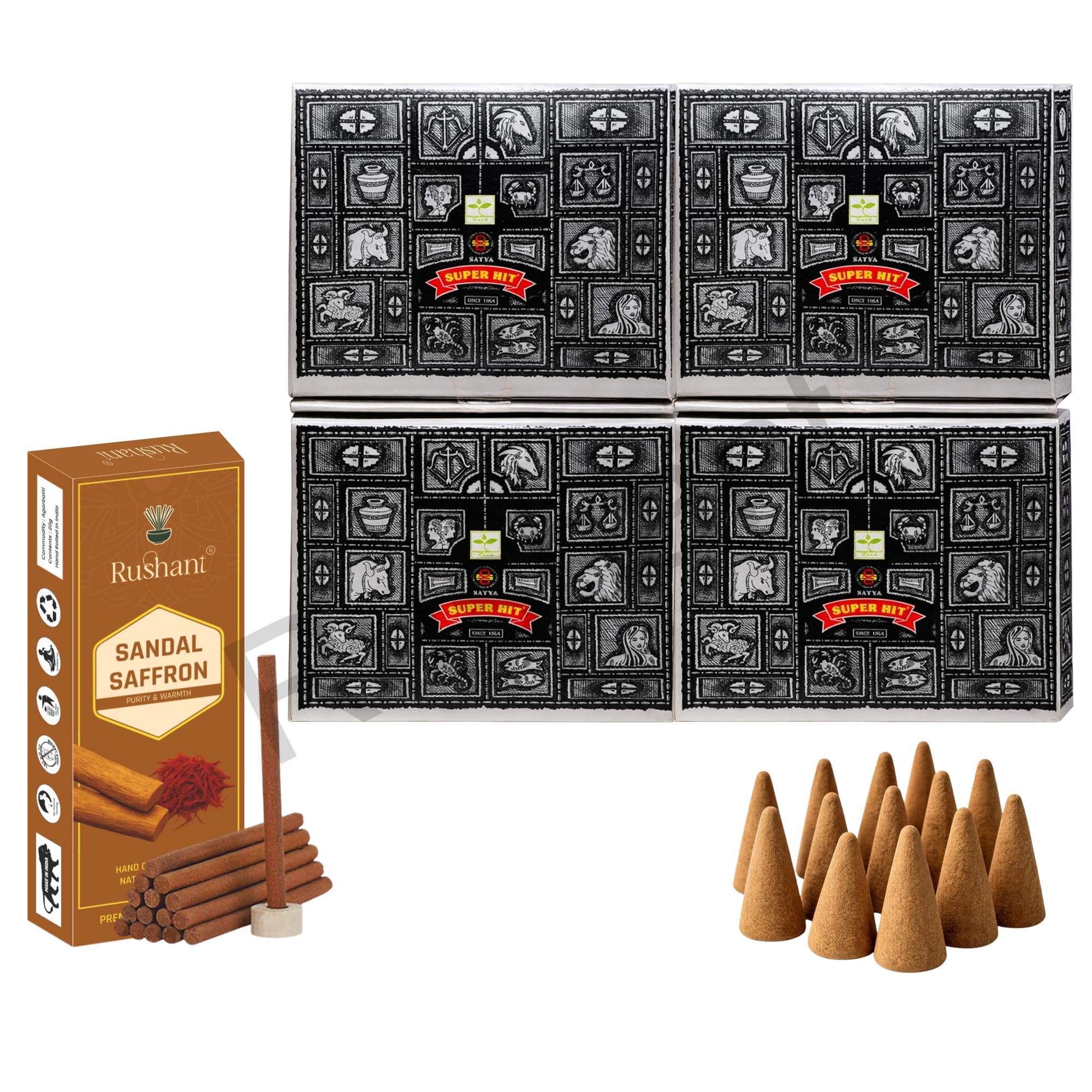 Satya Superhit Dhoop Cones with Stand, 4 Packs x 12 (48 Cones Total) + Rushant Sandal Saffron Dhoop Sticks (10) – Incense Set for Relaxation & Meditation