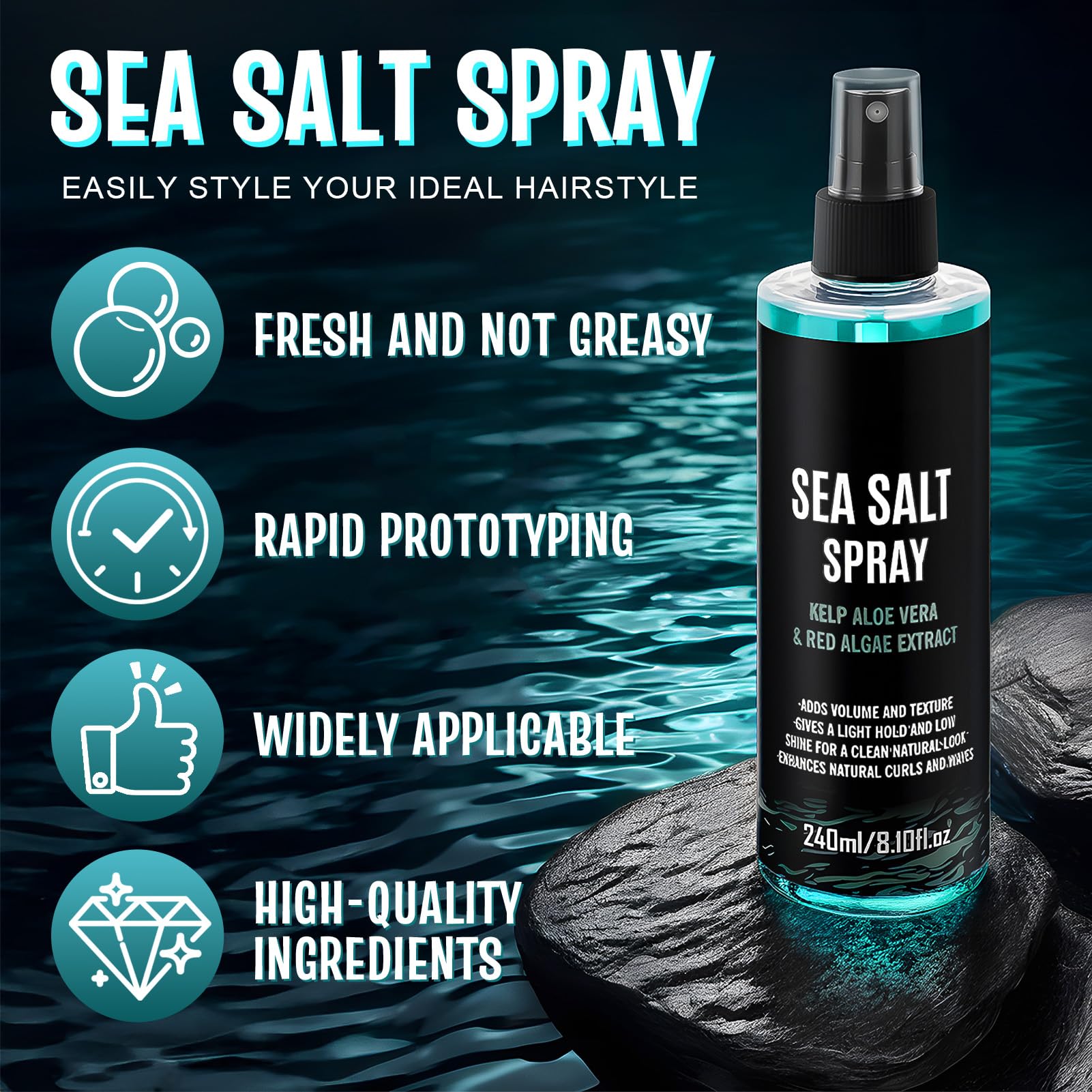 Spray Salino al Sale Marino, Acqua Marina per Capelli Uomo, Salt Spray Hair, Sea Salt Spray, Aggiunti Estratti di Alghe, Alghe Rosse e Aloe Vera, 240 ML