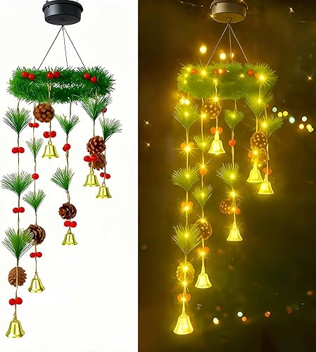 Campanillas de viento solares de Navidad para exteriores, 48 luces LED con piñas, campanas y bayas rojas, decoración navideña impermeable para