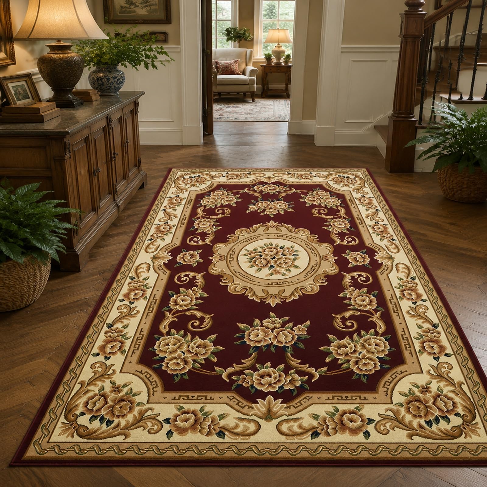 Tapis salon lavable et antidérapant oriental rouge 110 x 180 cm pour cuisine et bureau