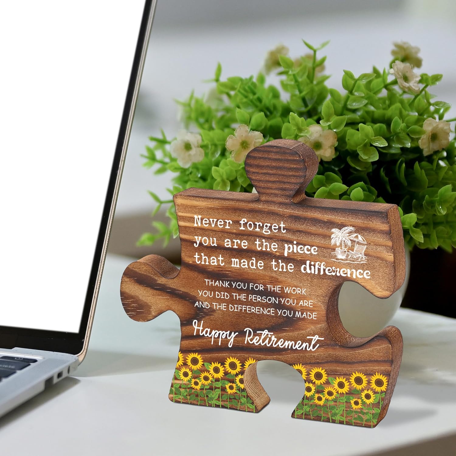 You Are the Piece That Made the Difference Puzzle Sign, Retirement Gift for Women Men Coworker Friend, Wooden Desk Decor for Office, Thank You Keepsake Plaque with Sunflowers - FSE378 - Image 3