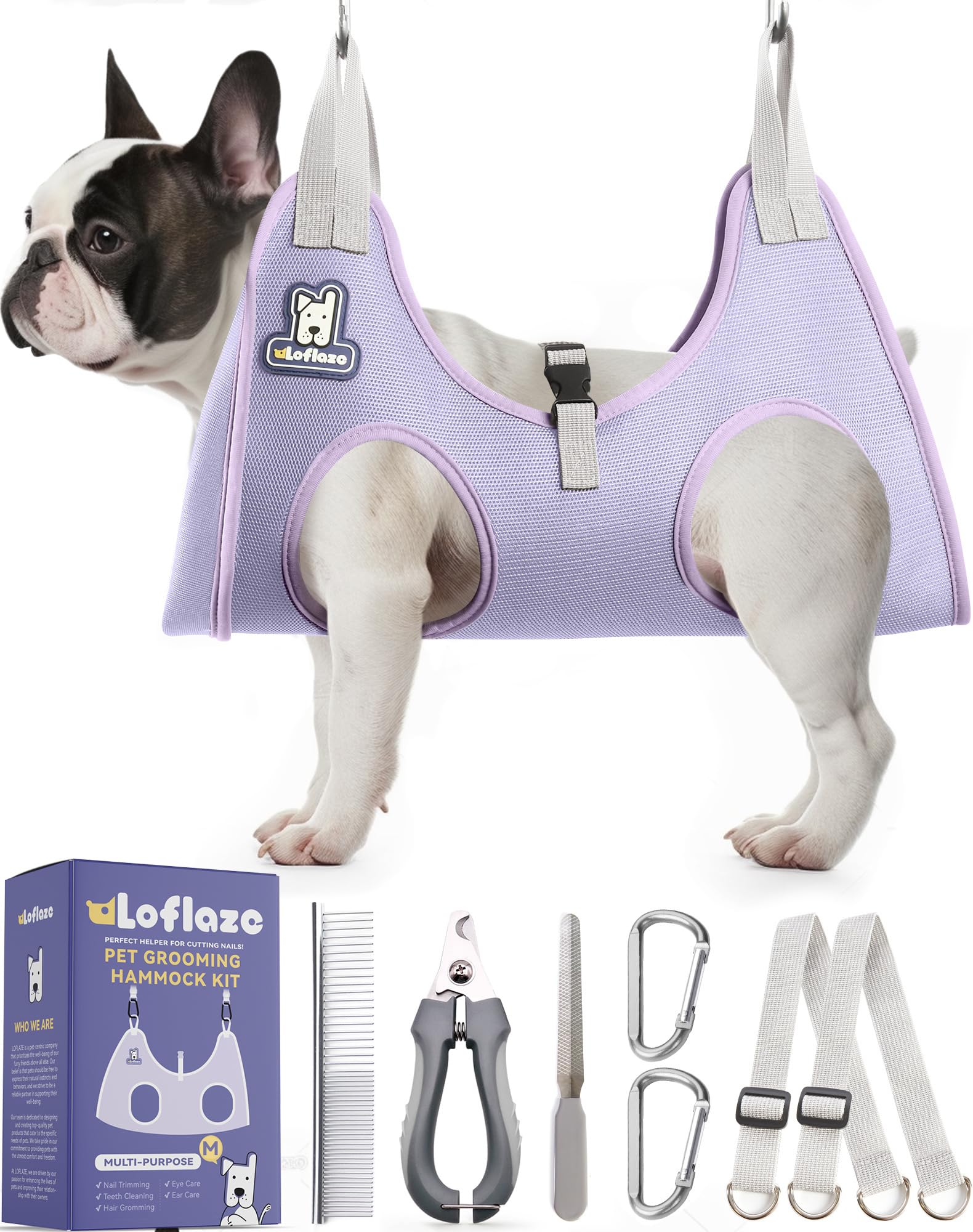 Loflaze Dog Grooming Hammock Harness for Dogs & Cats with Pet Nail Clipper Trimmer - Cat Hanger Sling for Trimming Clipping Nails- Dog Hammock Restraint Bag for Small Medium Large pet ( Purple M) — image 1