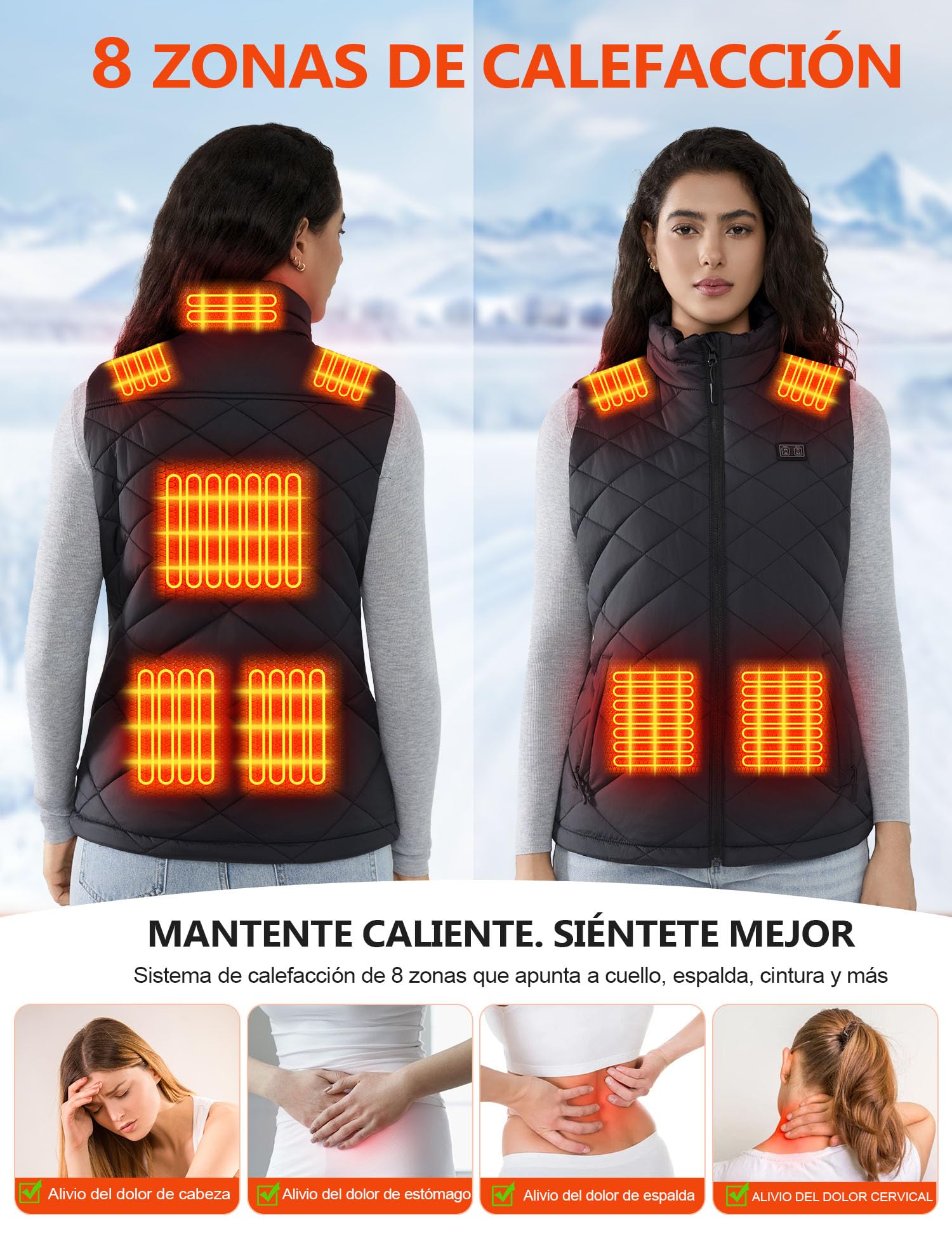 Chaleco Calefactable Mujer con Batería 18400mAh 7.4V, Chaleco Eléctrico Ligero Cálido con 8 Zonas de Calor, Lavable a Máquina, Chaleco Térmico Para Invierno
