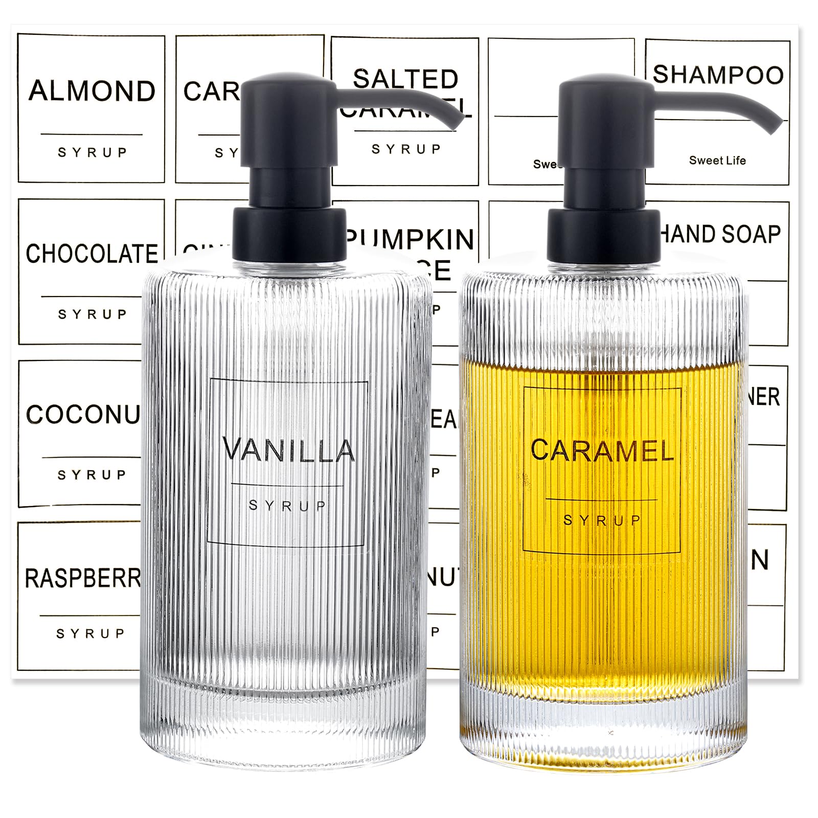 Coffee Syrup Dispenser for Coffee Bar Accessories?Coffee Pump Dispenser, Transparent Vertical Striped Glass Syrup Bottle with Black Pumps and 18 Labels, 15.5 oz 460 ml (2 Pack)