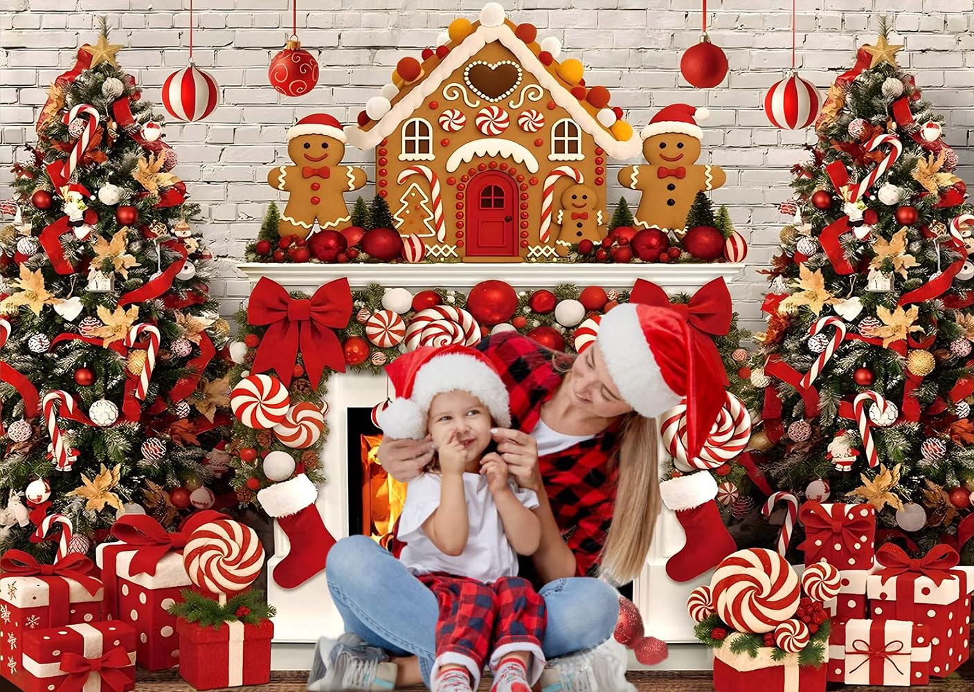 Świąteczne tło fotograficzne 3 x 2,5 m, biała cegła kominek trzcina cukrowa dom piernik Xmas skarpety zimowe fotografia tło Boże Narodzenie rodzina impreza dekoracja banery rekwizyty