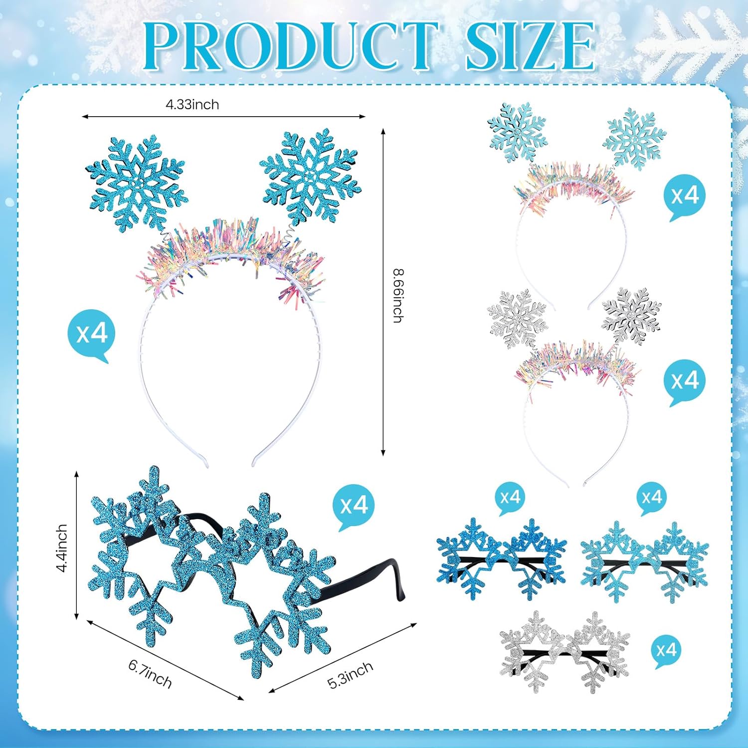 Libima 24 Pcs Snowflake Headband Glasses Princess Hair Hoops Snow Sunglasses Sets Snowflake Headband for Kids Winter Party