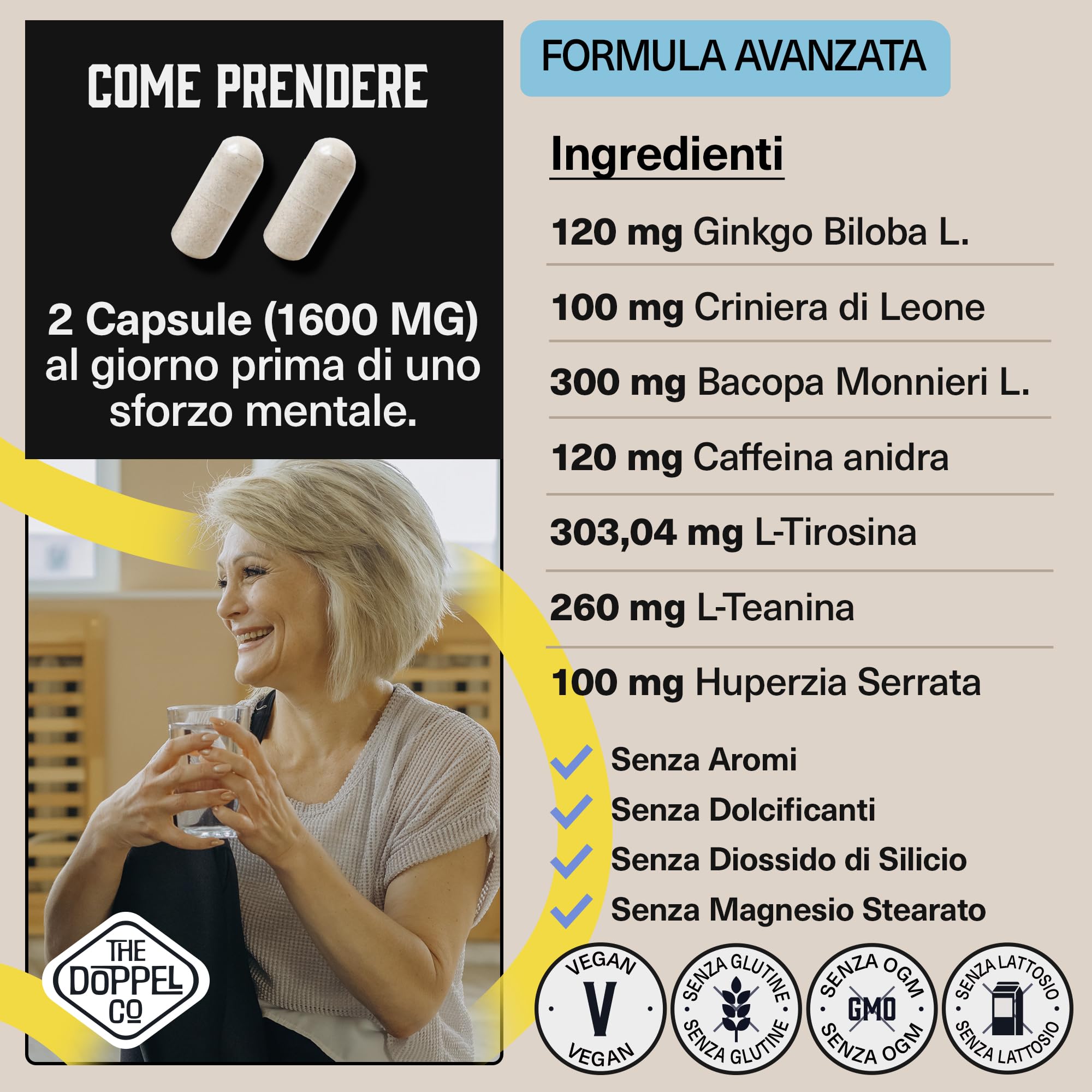 100 Capsule di Nootropico Naturale - 800 mg - Memoria, Concentrazione, Energia - Ginkgo Biloba, Criniera di Leone, Caffeina, Bacopa Monnieri, Tirosina, Teanina, Huperzia - Prodotto in Europa