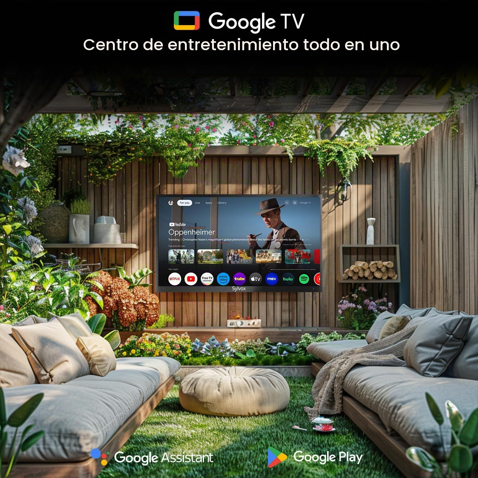 SYLVOX Outdoor TV 65", 4K UHD QLED TV para Exteriores, 2000 Nits Google TV, Dolby Atmos, DVB-C/T2/S2, HEVC, IP55 Televisor de Exterior Resistente al Aguapara Jardín, Terraza, Piscina y Locales