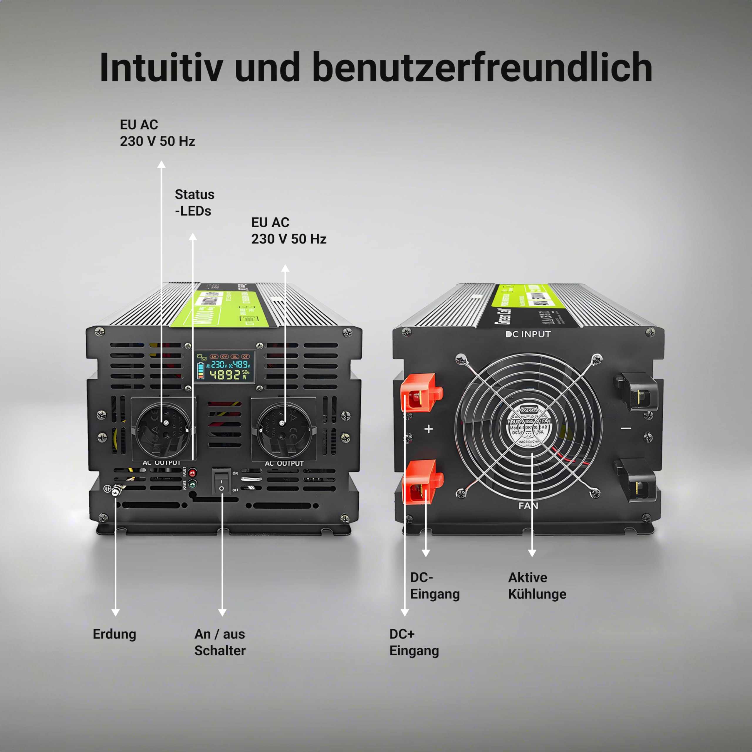 Green Cell LCD Spannungswandler 5000W/10000W 48V auf 230V Reiner Sinus Volt Spannungswandler Wechselrichter Konverter Pure Sine Wave Power PowerInverter DC AC Umwandler Stromwandler Wohnwagen Auto