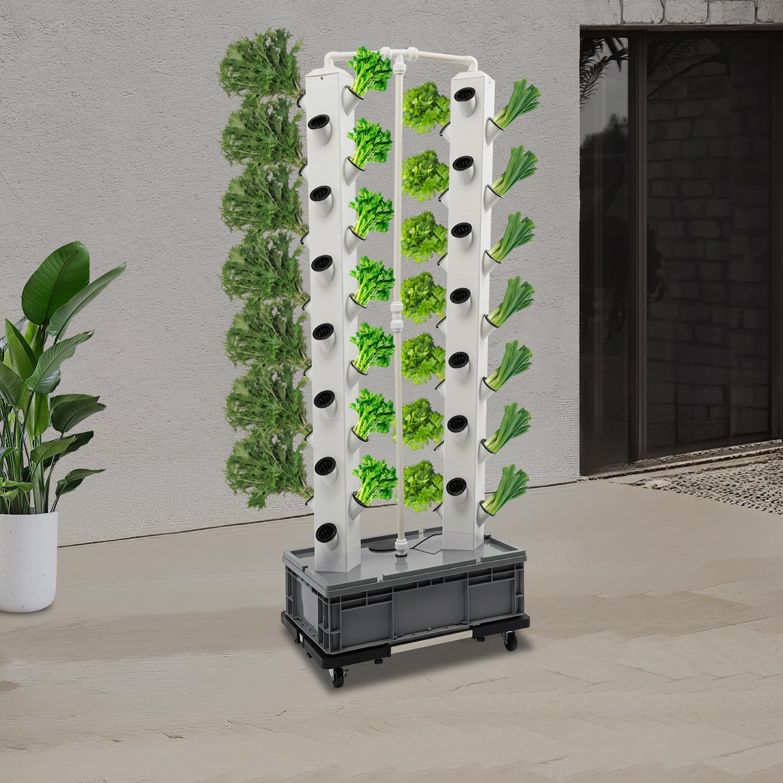 OUKANING 56 piante idroponiche Tower, 164 cm, giardino verticale con pompa e timer, 4 ruote con 2 freni, sistema di irrigazione automatico per balcone, interno, base grigia, colonne bianche
