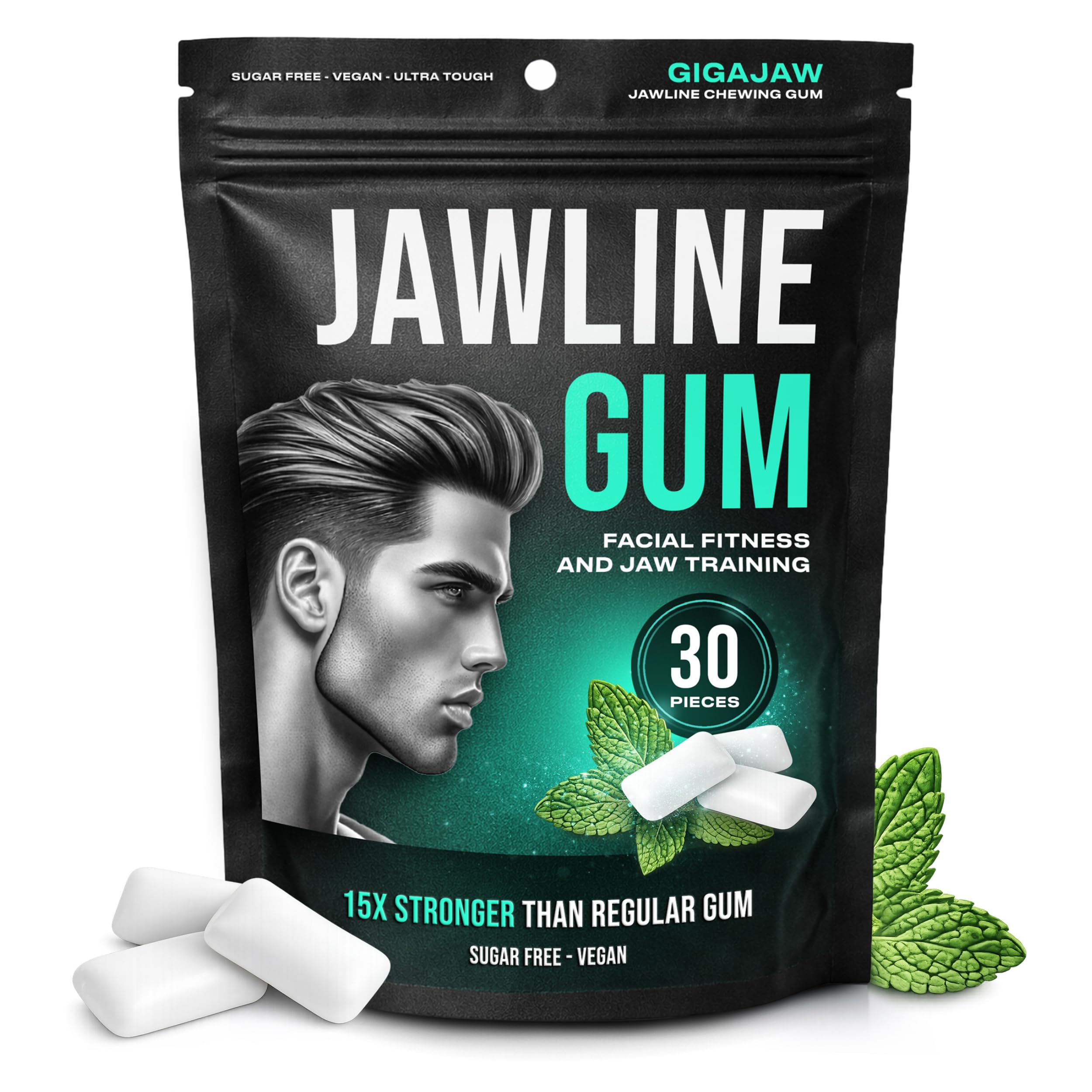 GigaJaw Jawline Gum - 15X Hardness for Effective Facial Exercise- Mewing Jaw Gum | Mint Flavor | Sugar-Free, Calorie-Free | Pack of 30 Pieces