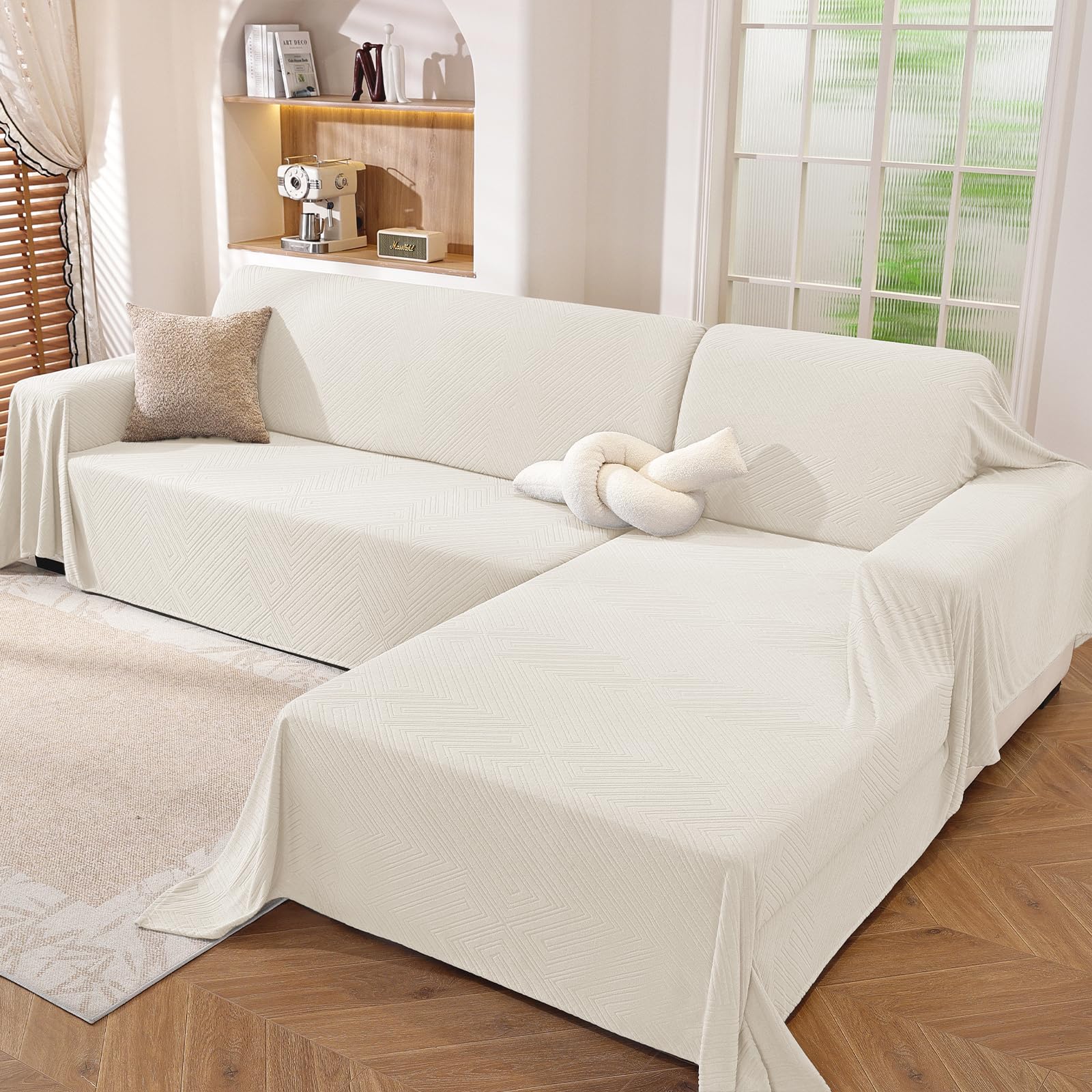 Ystyle Sofa Chaise Long 2 Pieces, Stain Resistant Washable Sofa Cover, Universal Non-Slip Sofa Layer, Sofa Protector, Soft Comfortable Sofa Quilt, Cream (200 x 300 + 200 x 340 cm) Global Recycled Standard Global Recycled Standard Global Recycled Standard