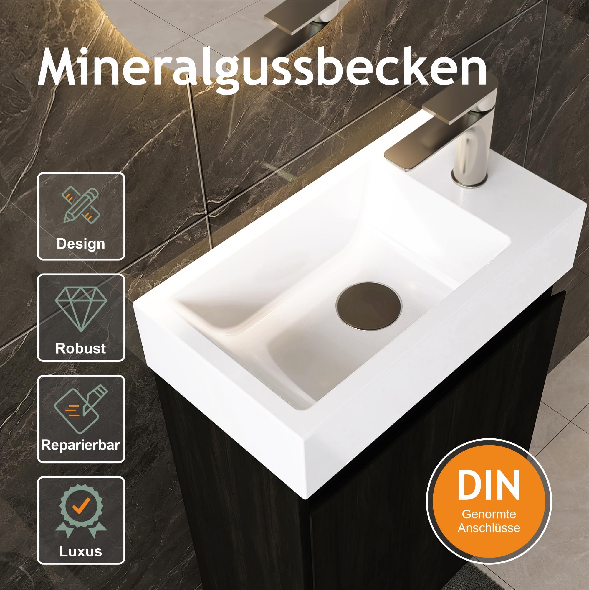 Waschtisch mit Unterschrank 40 cm- Badmöbel Set mit Waschbecken, Vormontiert Waschbeckenunterschrank Klein für Bäder, Gäste WC(Schwarz)
