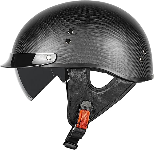 Miniatura 1 de Medio casco de motocicleta de fibra de carbono para adultos, hombres y mujeres, cascos retro de cara abierta aprobados por DOT con visera, diseño