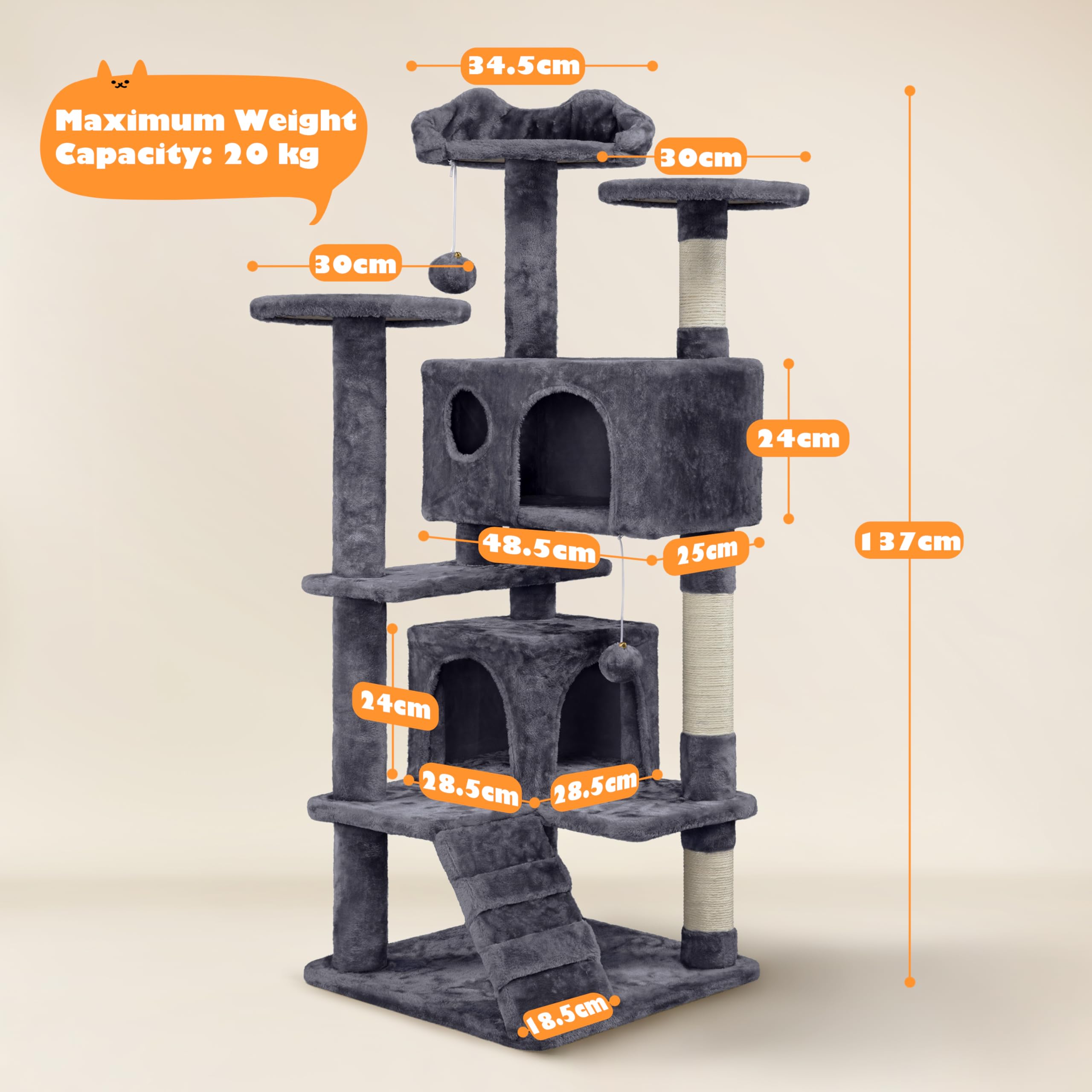 Yaheetech Albero Tiragraffi per Gatti 139 cm con 3 Pali Graffiatoi 3 Posatoi 2 Grotta 2 Pompon in Peluche a Più Livelli Giocattolo Gioco Grigio Scuro