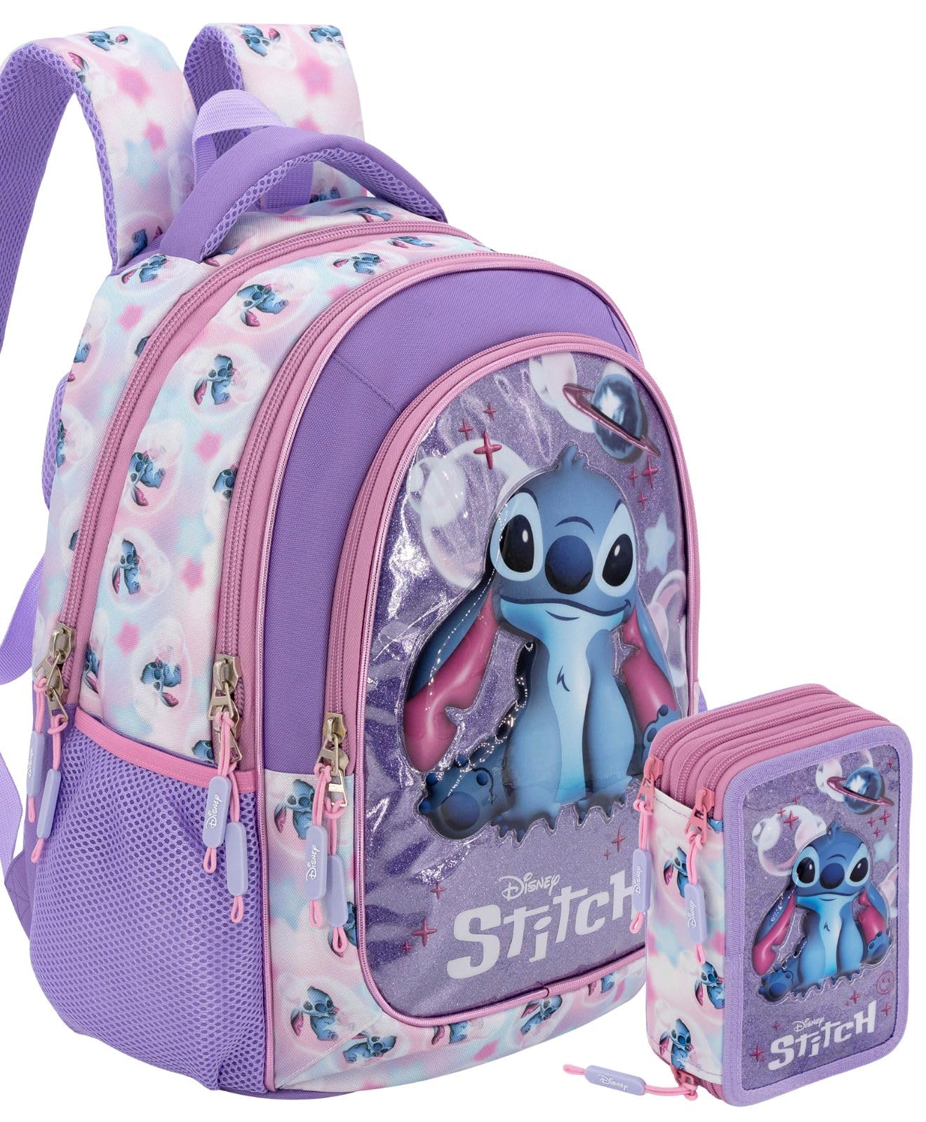 Clondo School Pack Completo Zaino Scuola Ergonomico 33x43x20 cm con Astuccio coordinato 3 Scomparti 46 Pezzi – Per Stitch Fan – Elementare e Regalo Bambina