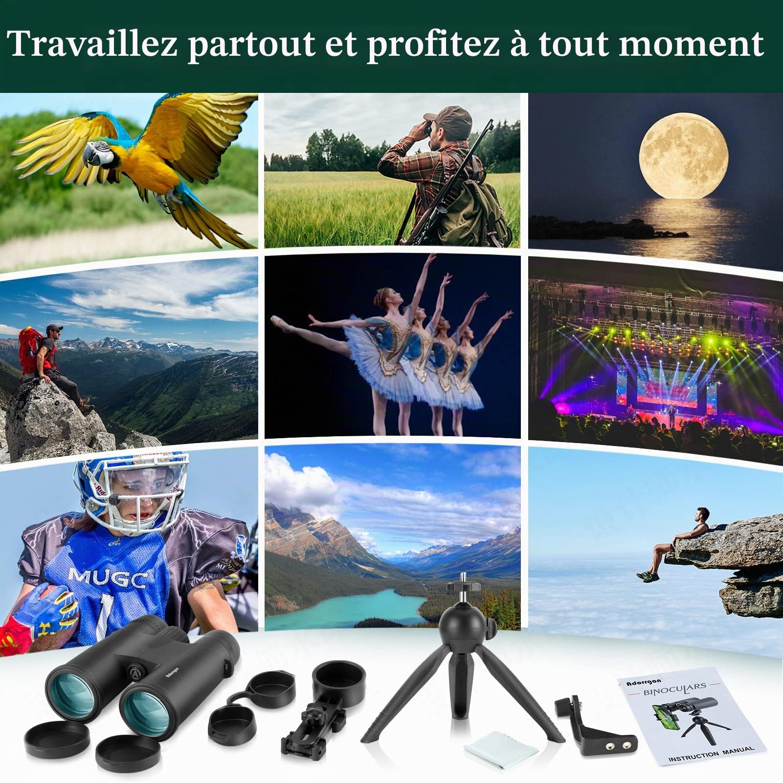12 x 42 Jumelles compactes pour Adultes avec HD Vision Clair et Faible lumière Vision – Adorrgon Haute Puissance et Portable Jumelles pour Observation des Oiseaux de Chasse Scenery Concerts Sports