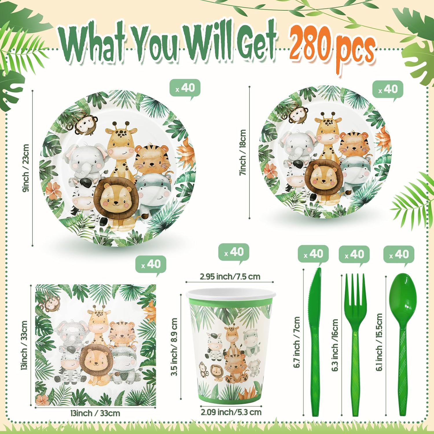 Ziliny 280 Pcs Jungle Safari Animal Paper Plates and Napkins Paper Cups Plastic Knives Forks Spoons Disposable Tableware Set for Baby Shower Safari Theme Birthday Party Supplies, Serve 40