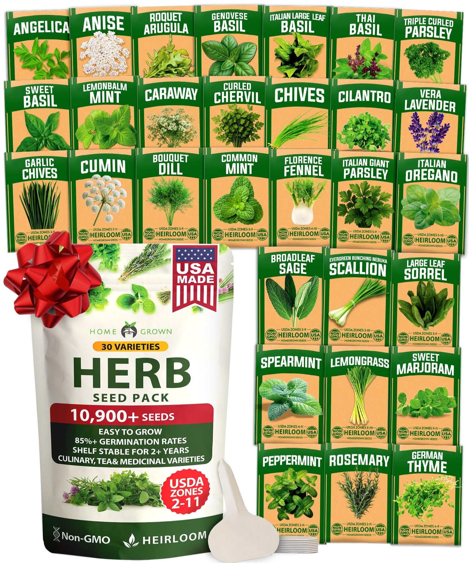 HOME GROWN 30 Herb Seeds for Planting 9,500+ Non-GMO Heirloom Seeds | Extra Large Variety Pack Herb Kit – Indoor Outdoor & Hydroponic | Culinary Seed Set | Grow Your Own Herbs | Gardening Gift