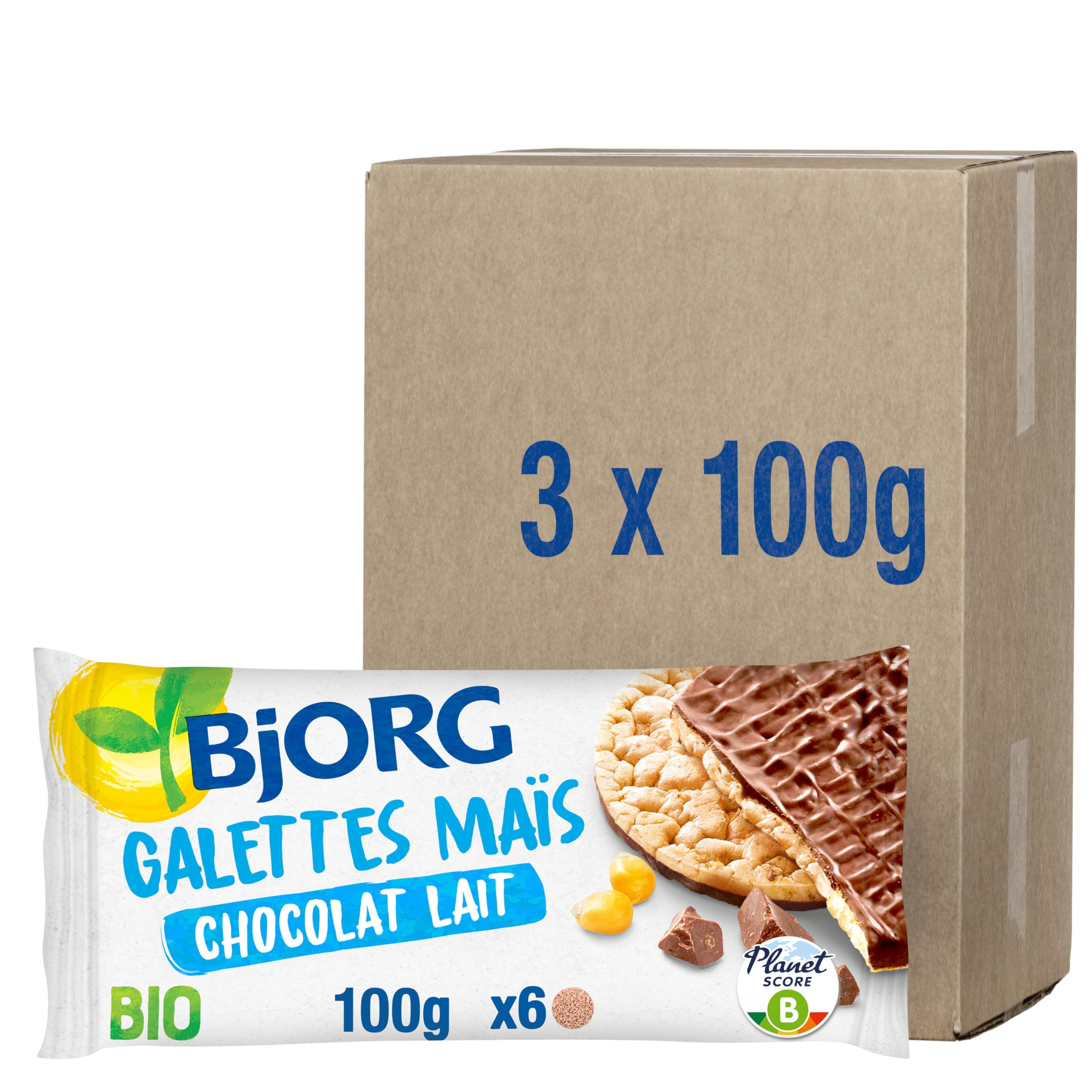 BJORG - Galettes Maïs Chocolat Lait Bio - Sans Gluten - Pauvres en Sel - 100 g - lot de 3 (total de 300 g)