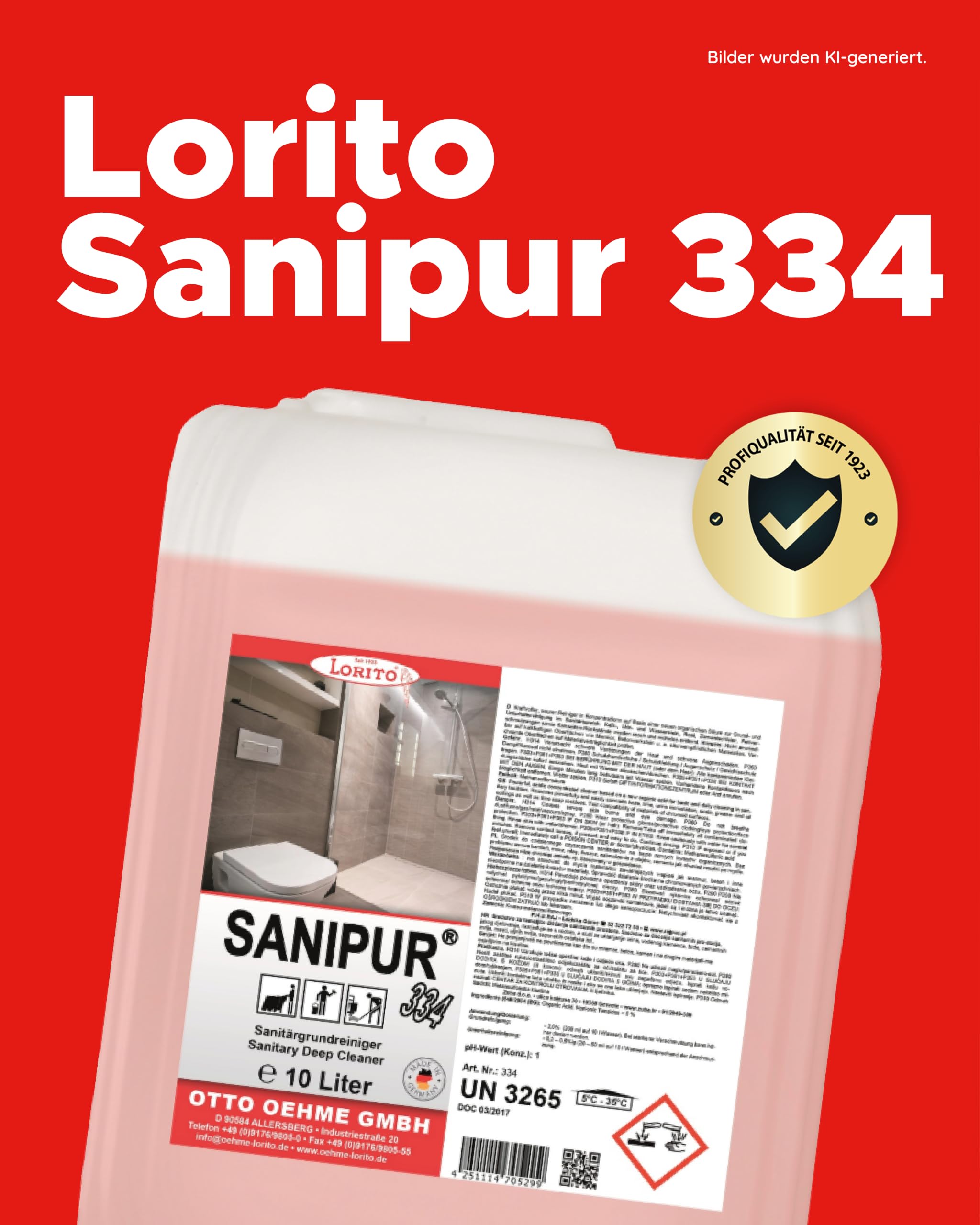 Lorito Sanitärreiniger Sanipur 10 L Konzentrat, Badreiniger extra stark | Saurer Urinsteinentferner & Badreiniger extra stark mit Abperleffekt gegen Kalk & Rost, ergiebiges Konzentrat (20–50 ml/10 L)