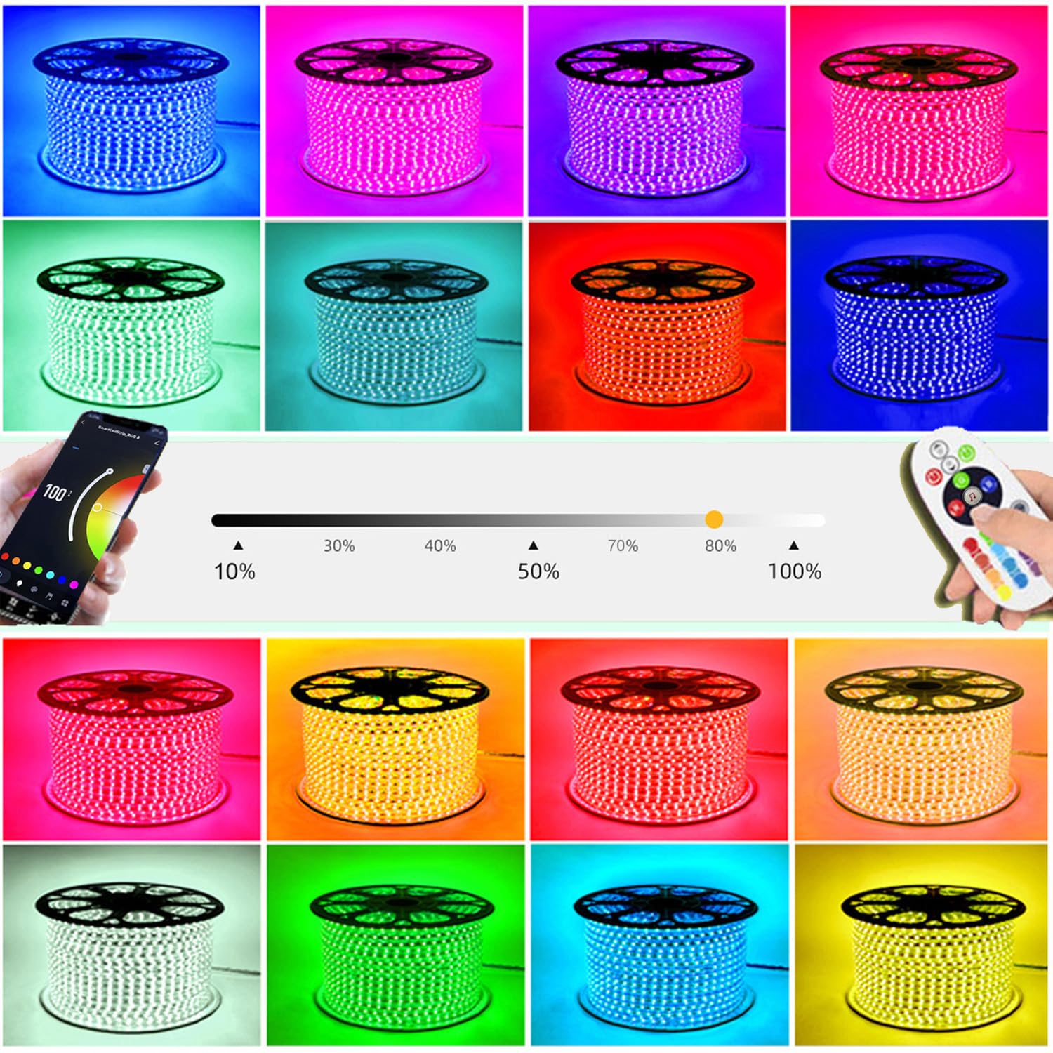 Tira LED RGB 30m controladas por WIFI, Tira de luces dimmable con telemando IR & alimentación 220V, 5050 SMD 60 LEDs/m, impermeable IP65, compatible con APP Tuya