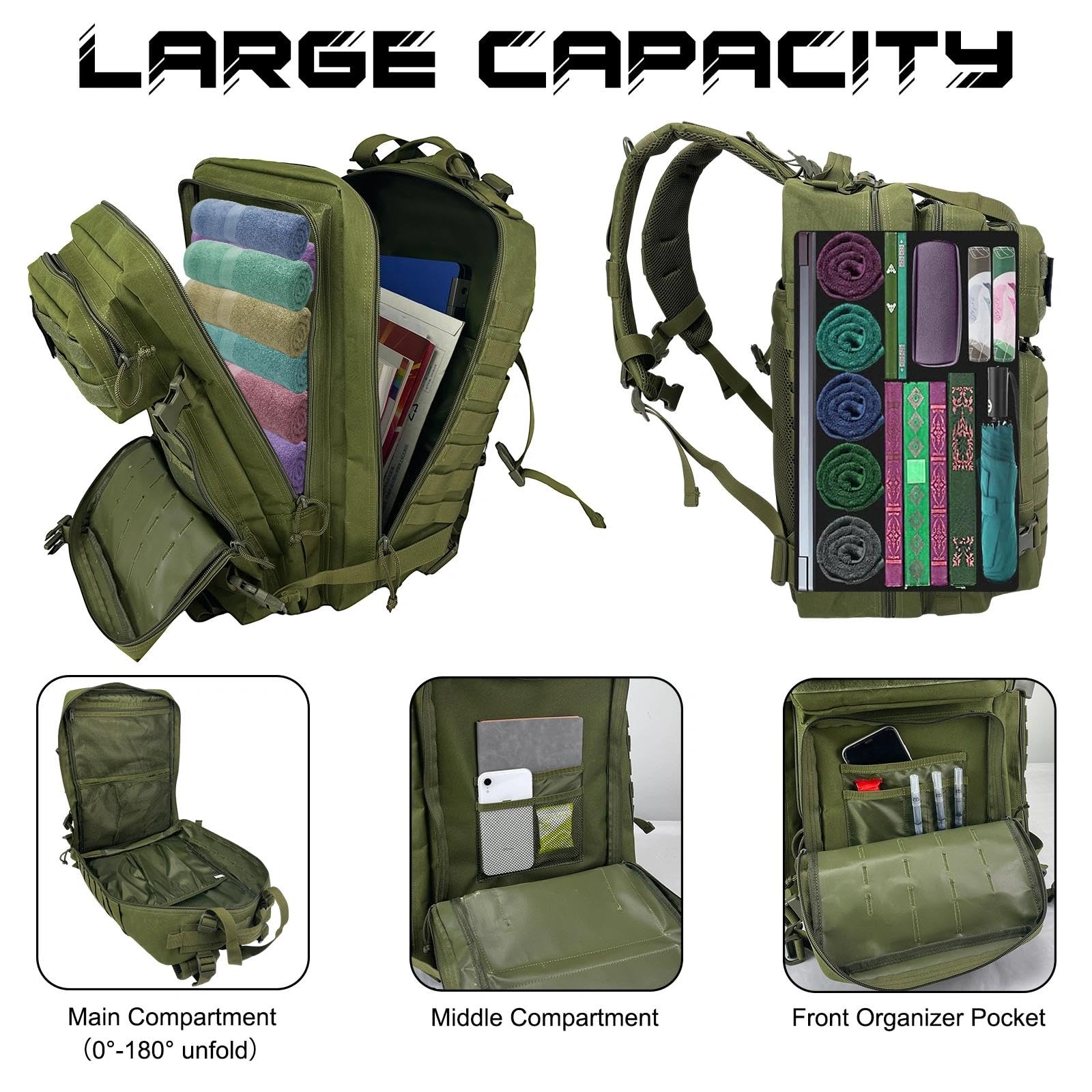 WOLT Zaino tattico militare da uomo, grande zaino militare d'assalto di 3 giorni con borsa MOLLE per attrezzatura di sopravvivenza da escursionismo, borsa gamma, Verde, Large, ‎Zaino tattico