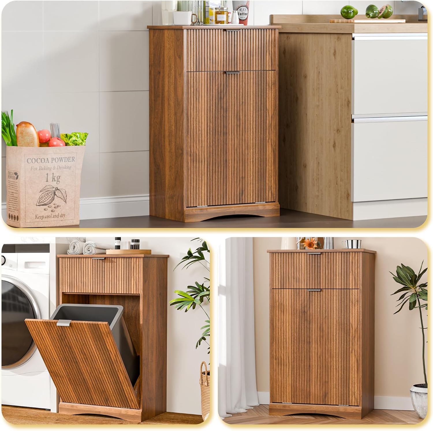 Zamildon's Single Tilt Out Trash Cabinet Freestanding, 1x10 Gallon Fluted Hidden Laundry Hamper Cabinet with Drawers, Garbage Can Holder for Kitchen, Bathroom (Walnut Brown, 1 x 10-Gallon)