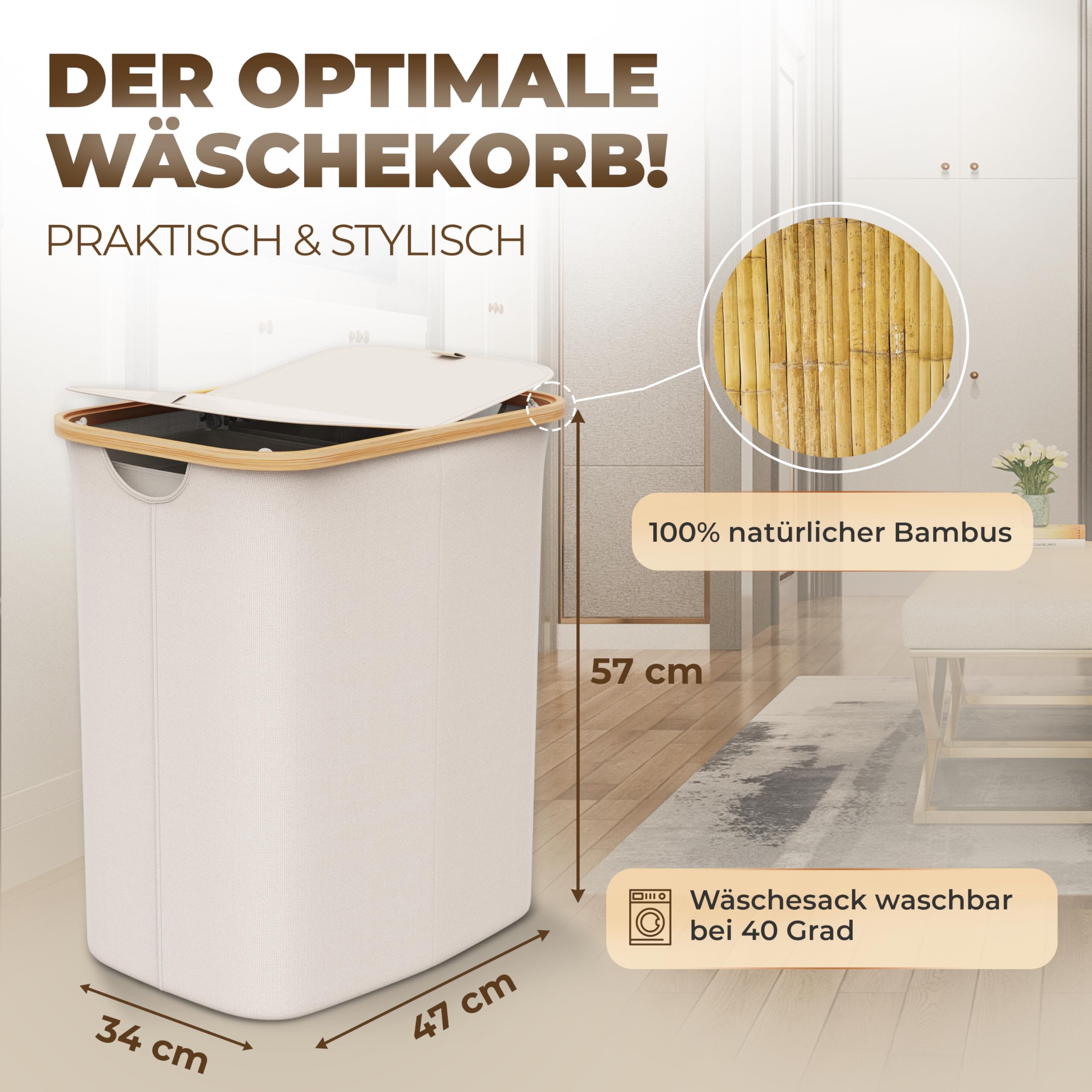 Celeko Home 100 L laundry basket with lid foldable laundry box with lid made of bamboo XXL laundry basket collector square 53 x 34 x 5 cm 2 compartments with removable laundry bags third bag free - Image 3
