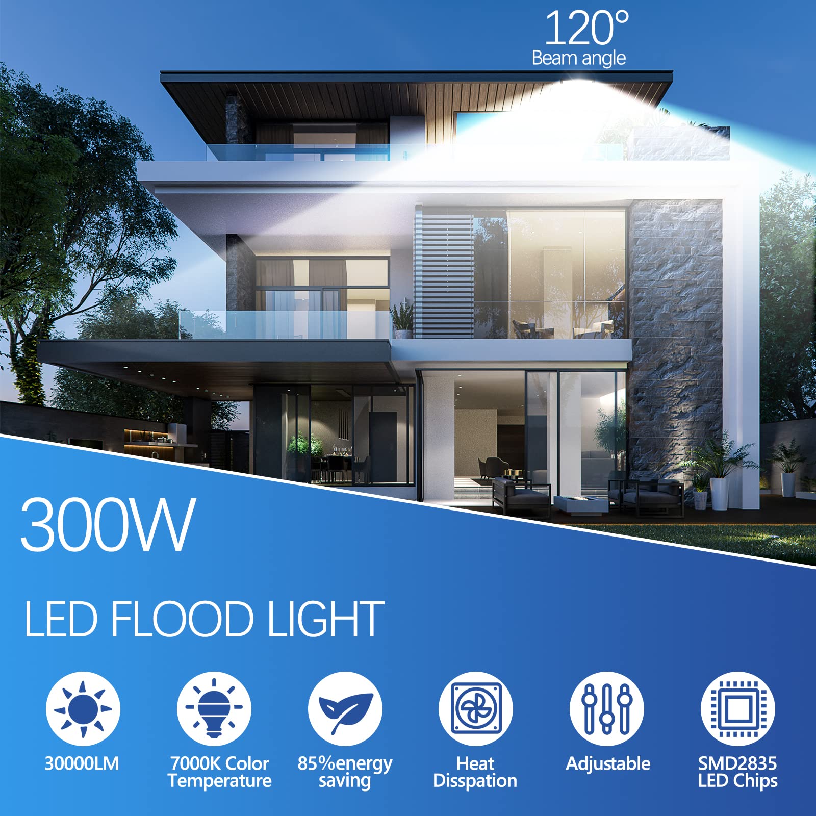 YZYFACAI 300W Faretto Led da Esterno, Faro LED Esterno,7000 K Bianco freddo,Potenti Faretti Led Esterni 30000LM,IP67 Super Luminoso Luce di Sicurezza per Ingresso, Cortile, Giardino, Garage, Pareti