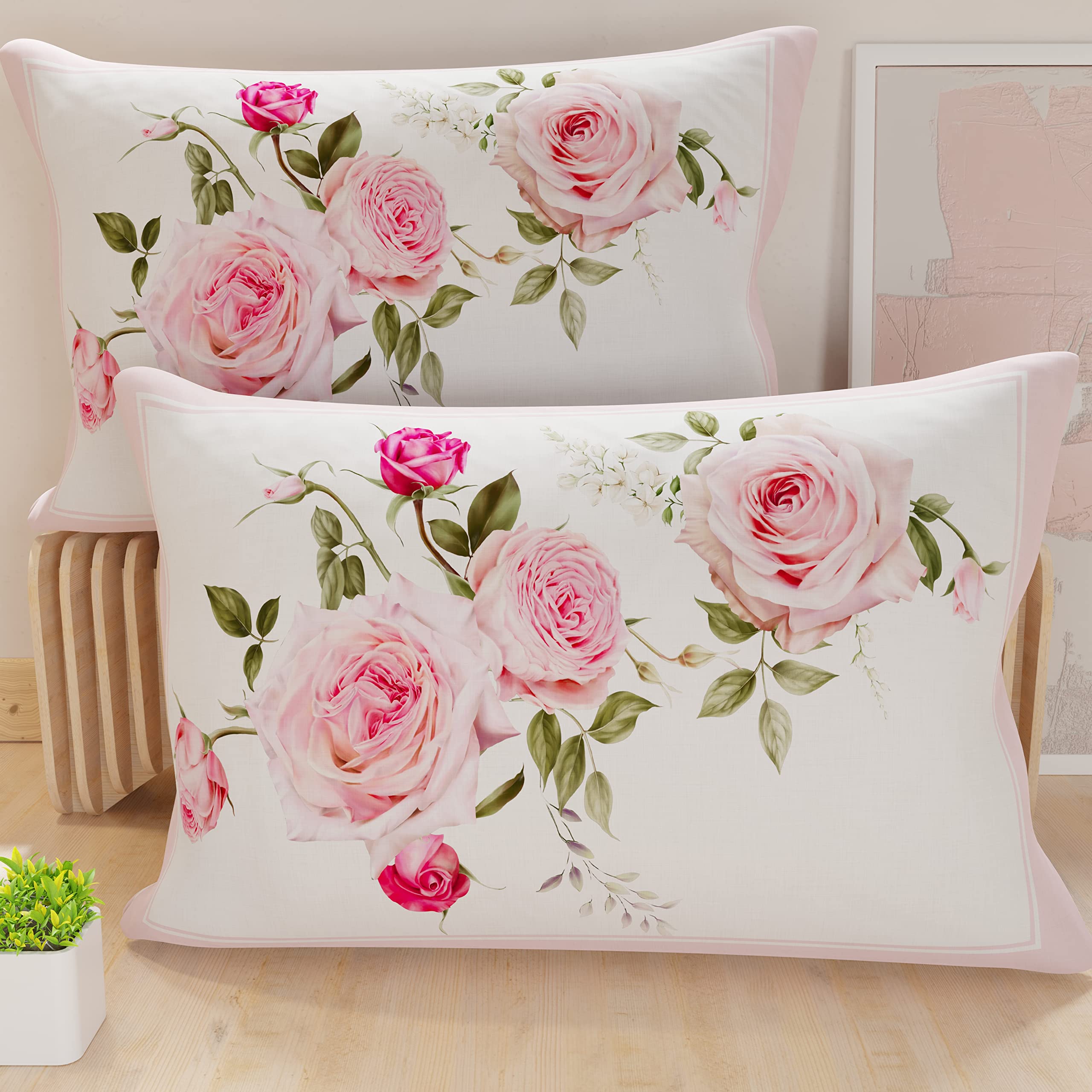 Federe, Federe Cuscini in Stampa Digitale, Fiori Bianco, MS1362-01 2X Federe 52x82 cm, White Flowers, 82 x 52 cm (Pack of 1)