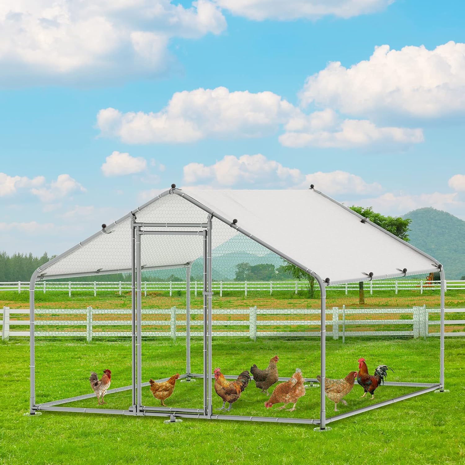 VIVIJASON Large Metal Chicken Coop Outdoor Walk-in Poultry Cage Hen Run House Rabbits Habitat Cages Spire Shaped Coop with Waterproof and Anti-UV Cover for Yard Farm (13.12' L x 9.84' W x 6.56' H)