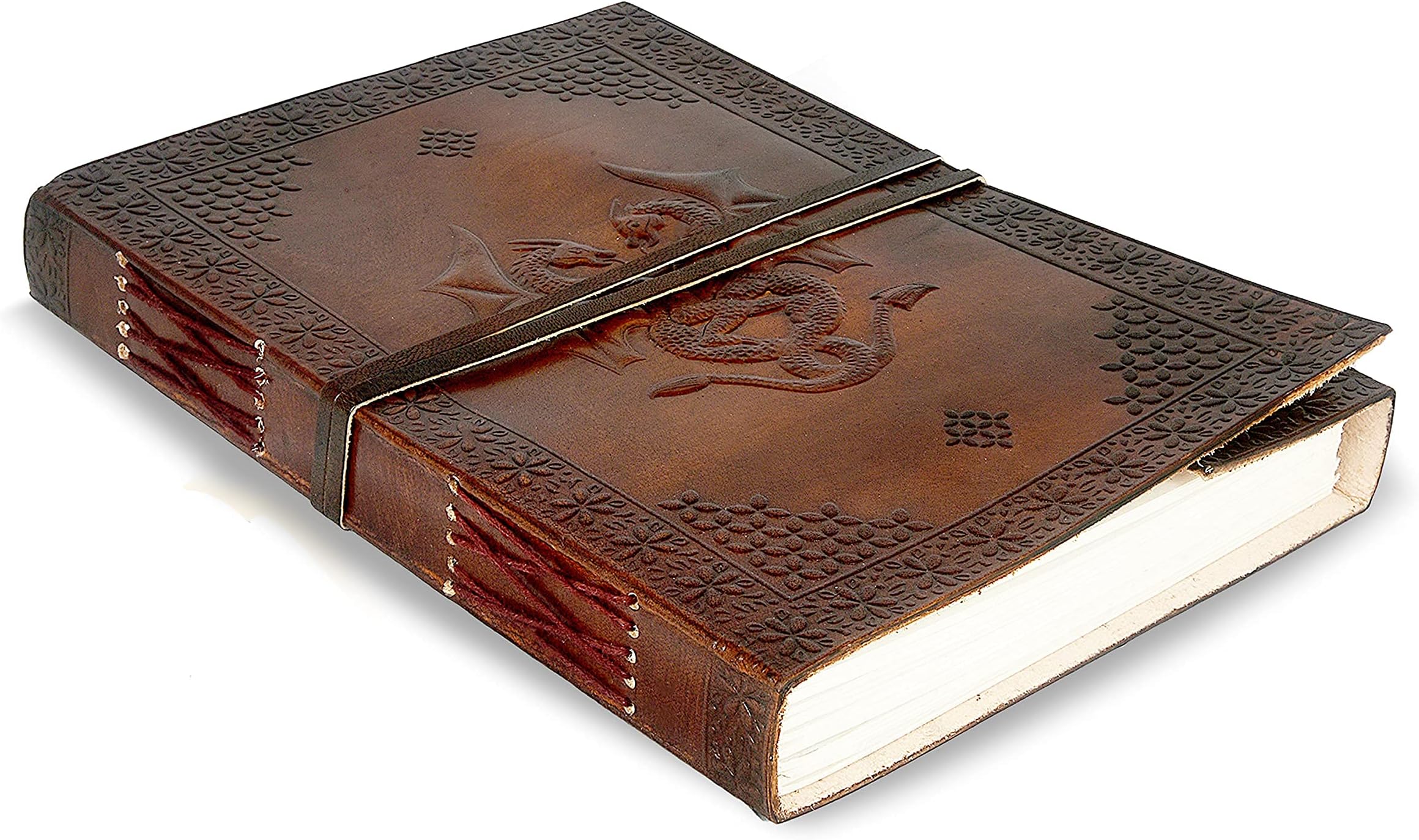 Antique Leather Journal, Leather Bound Writing pad, Dragon Embossed Blank Unlined Paper Notebook for Travel, Office, Thoughts, Sketching with Wraparound Tie, Gift for Men and Women, Brown 10X7 Inches