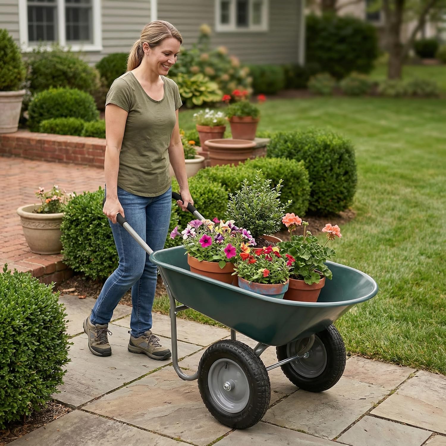 Dual Wheel Garden Wheelbarrow, 5 Cubic Feet Poly Tray Yard Cart with Loop Handle, Heavy Duty 15 Inch Pneumatic Tires for Landscaping Farming Construction, Green