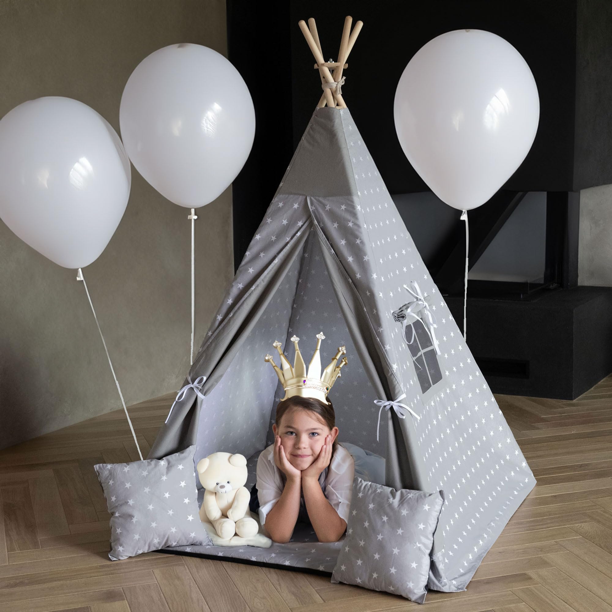 PaLulli® Tipi Zelt für Kinder aus 100% Baumwolle mit Kuschelmatte, Anti-Kollaps-System [Stabil], Camping-Hängelampe & 2 Dekokissen, Tippi Kinderzelt Teepee Spielzelt (Grau Sterne)