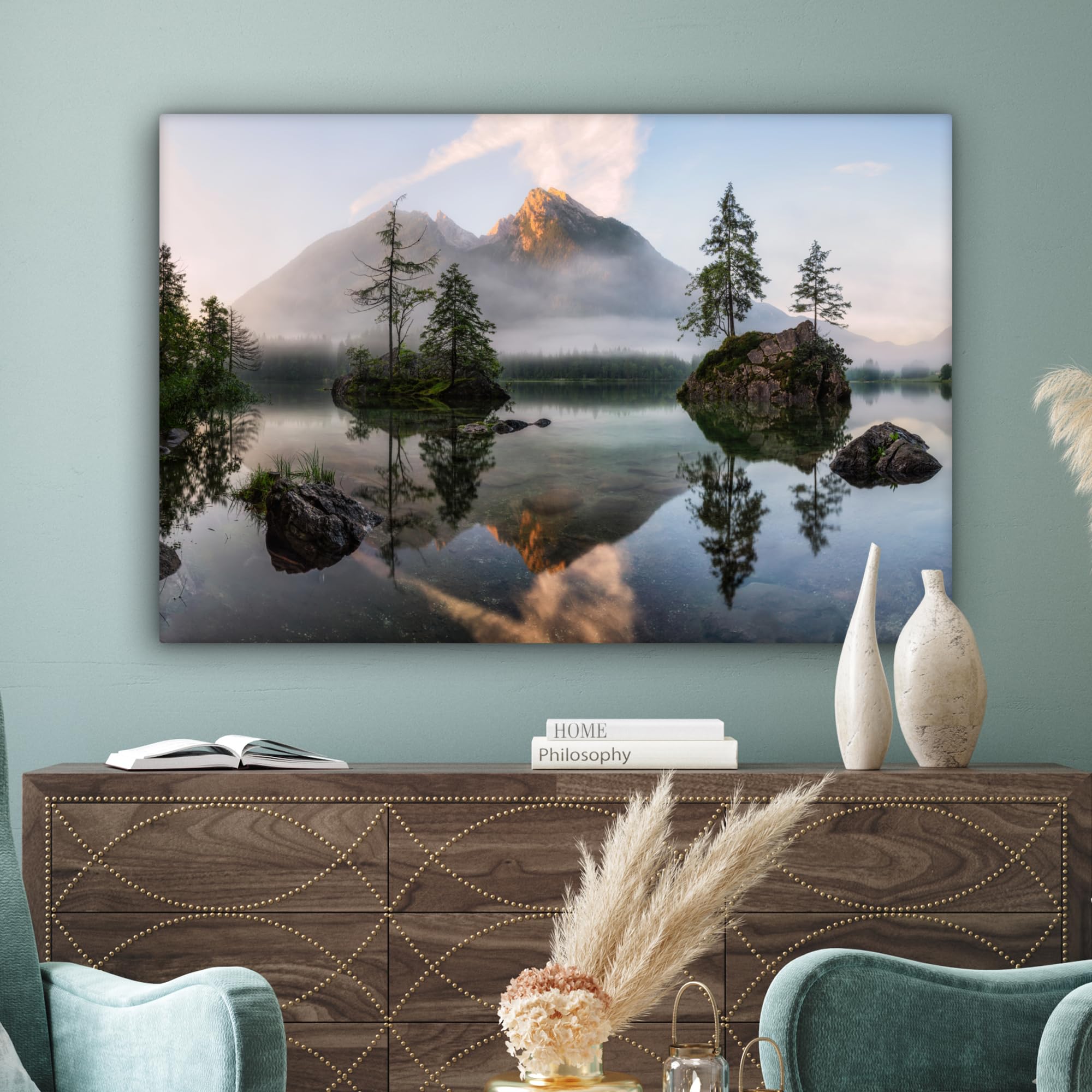 MuchoWow© Bilder Groß Groß 140x90 cm XXL Wohnzimmer Deko Modern Wandbild XXL Kunstdruck auf Leinwand Bild Schlafzimmer über Bett Room Decor Geschenke Wasser - Landschaft - Berge - Bäume