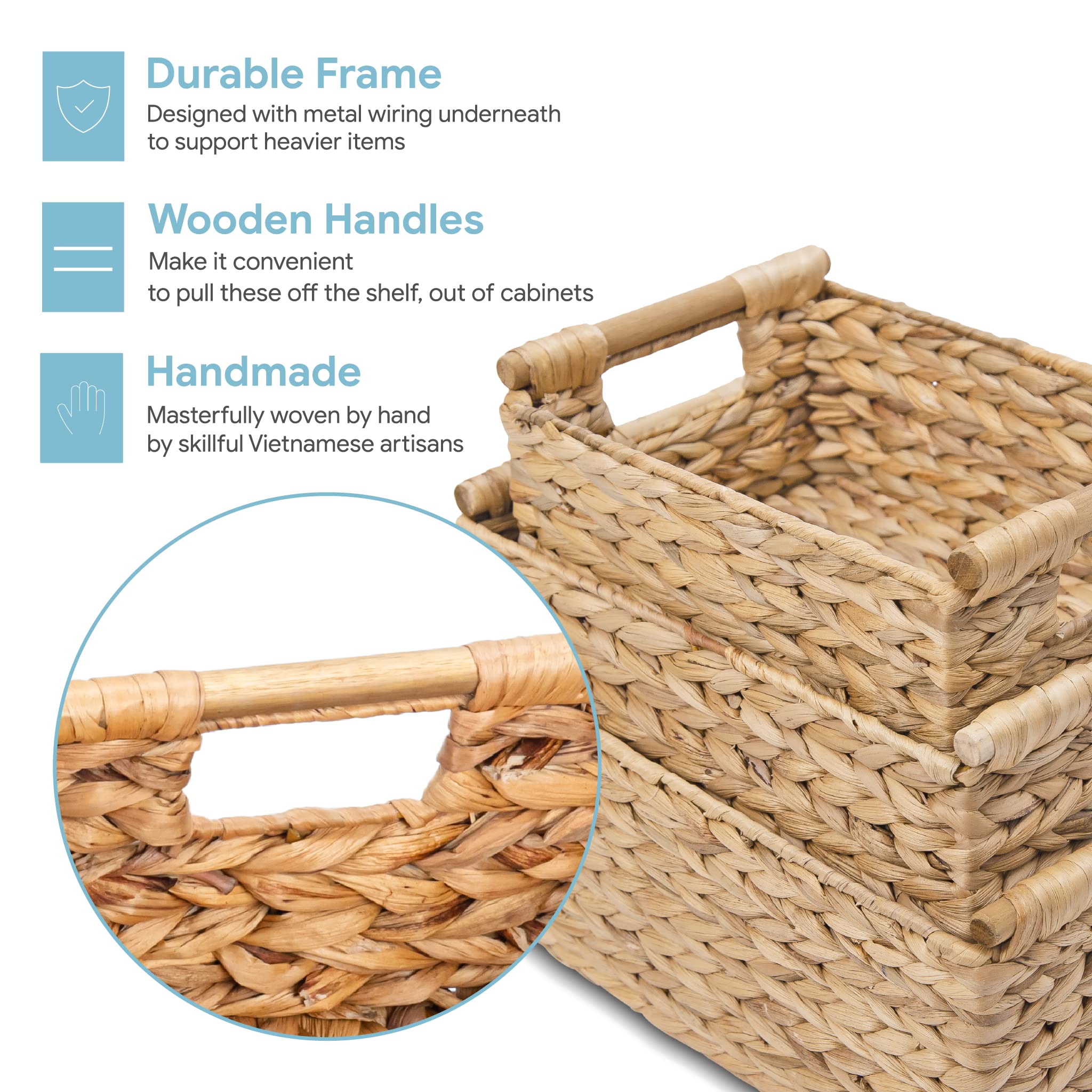 VATIMA Hyacinth Wicker Basket Set 3 size - Rectangular, Wooden Handles, Shelf Organizer, Natural Bins