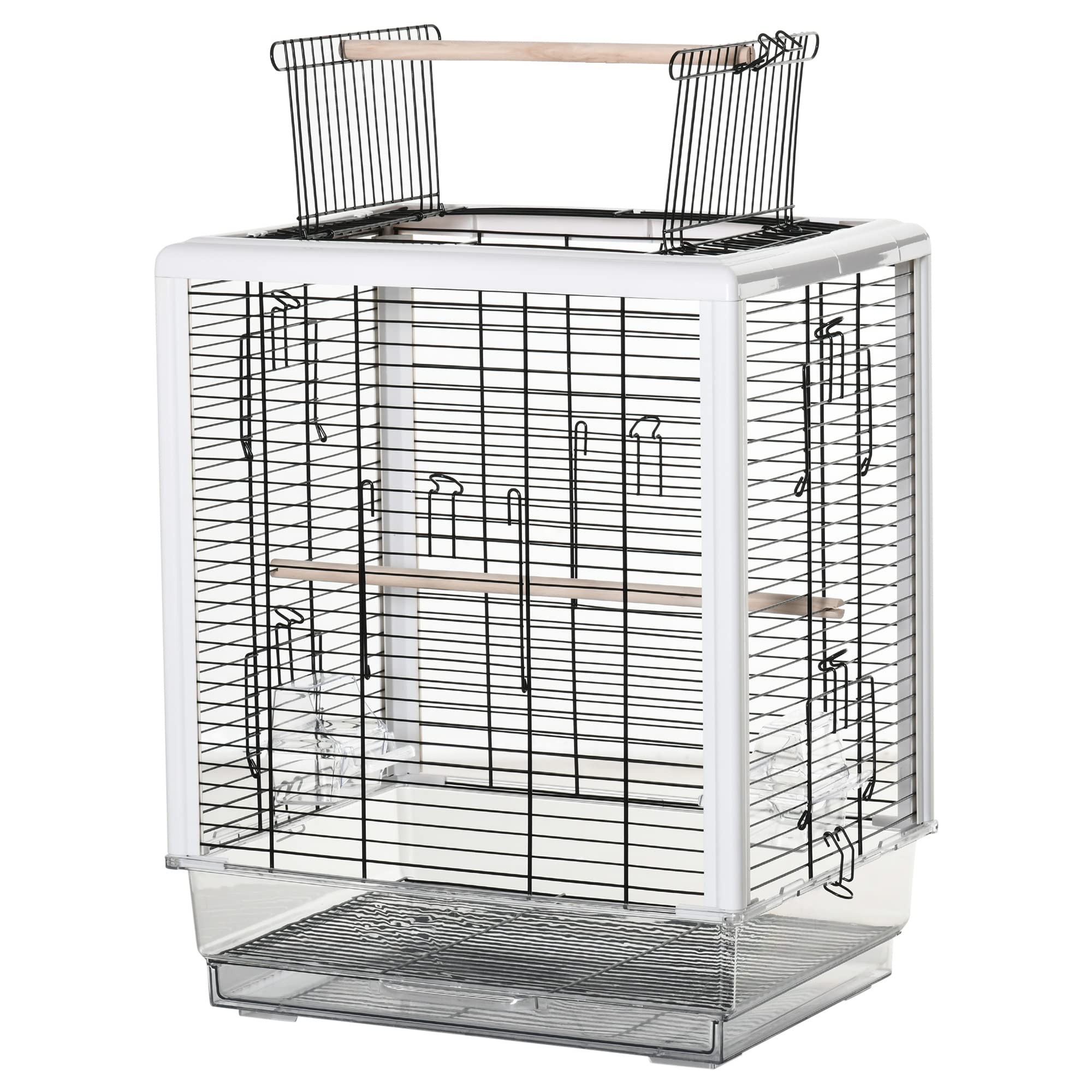 PawHut Jaula para Pájaros Pajarera 47x35x57,5 cm con Techo Abrible 2 Comederos 2 Perchas Bandeja Extraíble Acrílica y Asa de Transporte para Canarios Periquitos Blanco y Negro