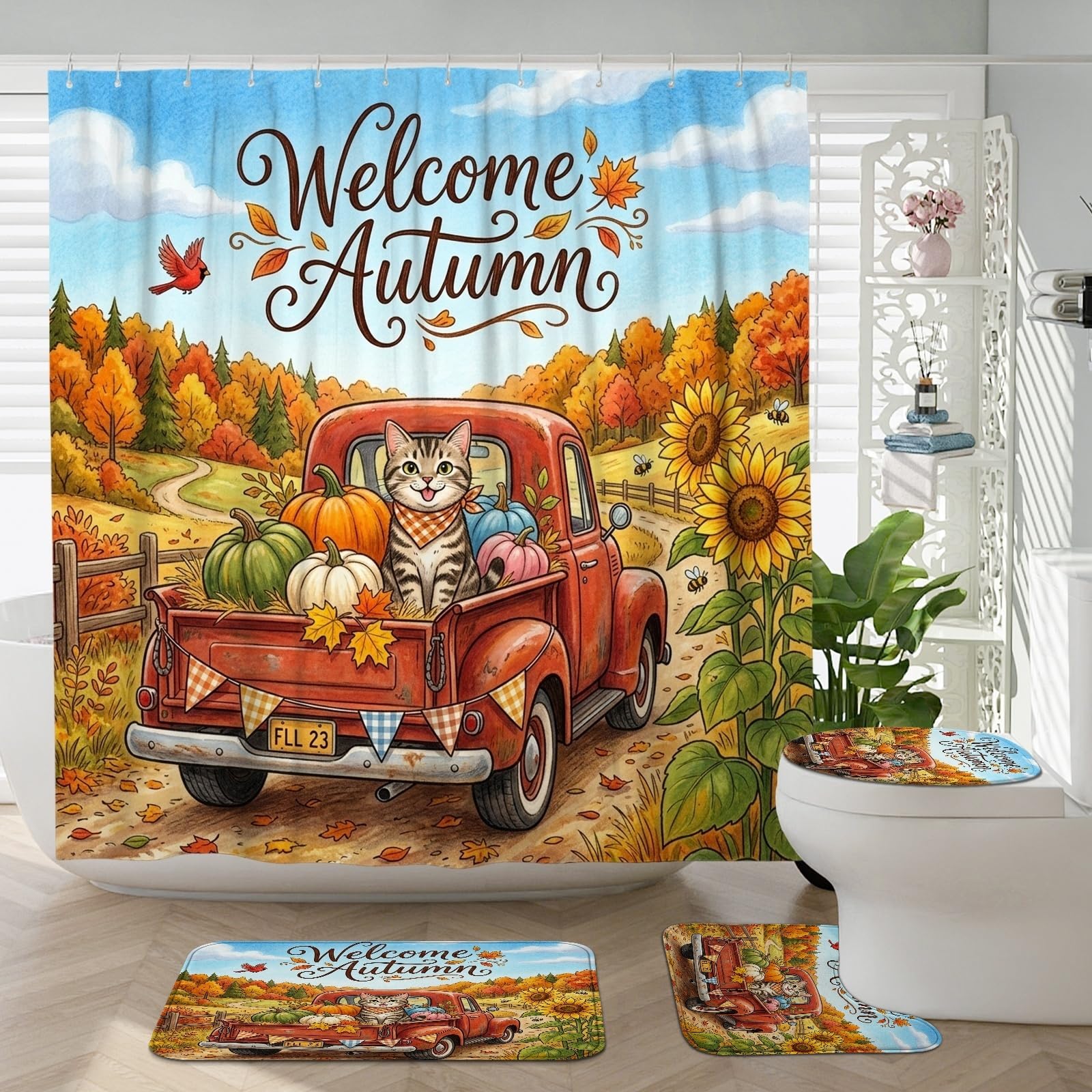 Rideau de douche chat 183x183 cm et tapis antidérapants pour sécuriser le sol de la salle de bain