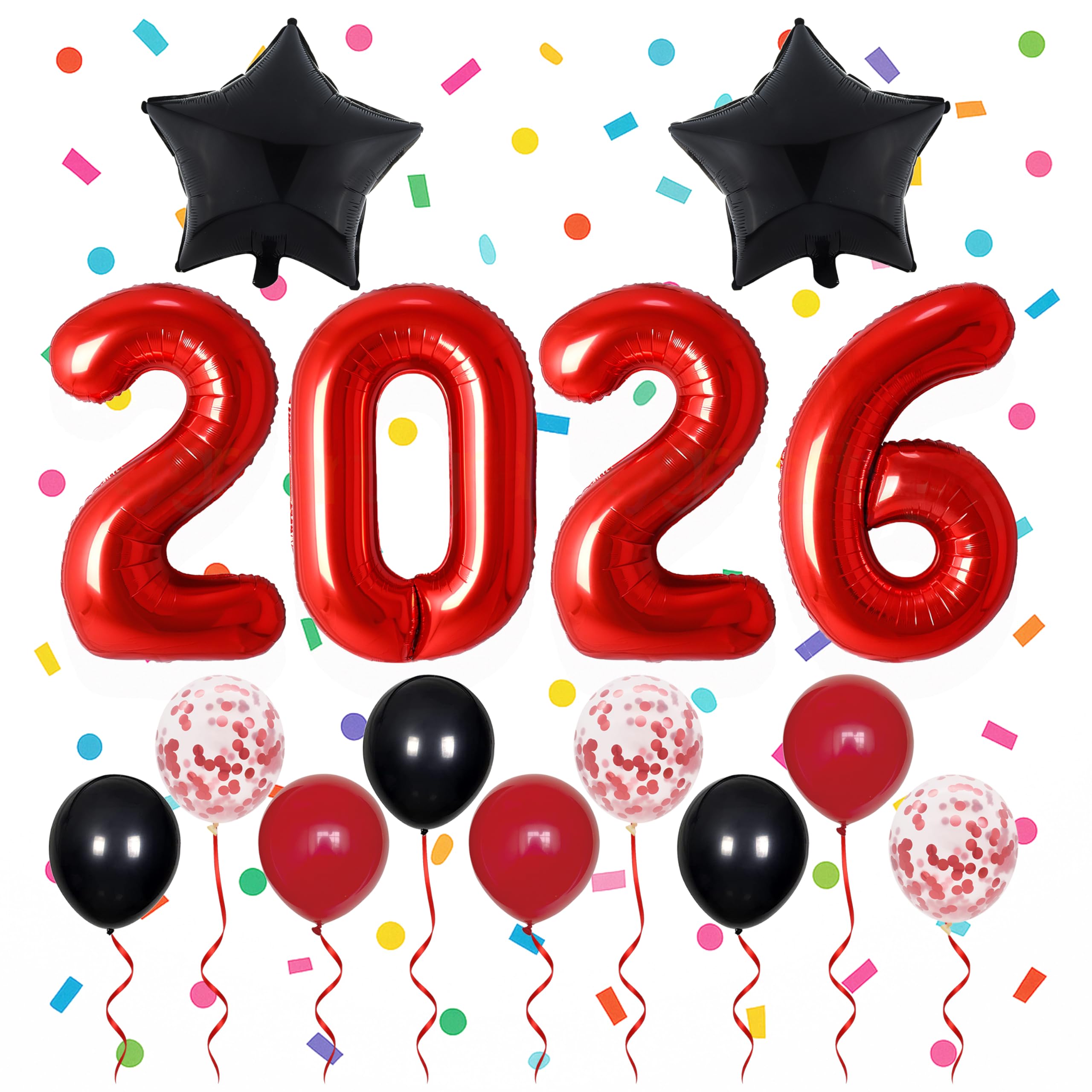 Red and Black New Year 2026 Decorations Set with XXL Foil Number Balloons, Star Balloons, Balloon Garland and NYE Party Decor for Home or Event Space