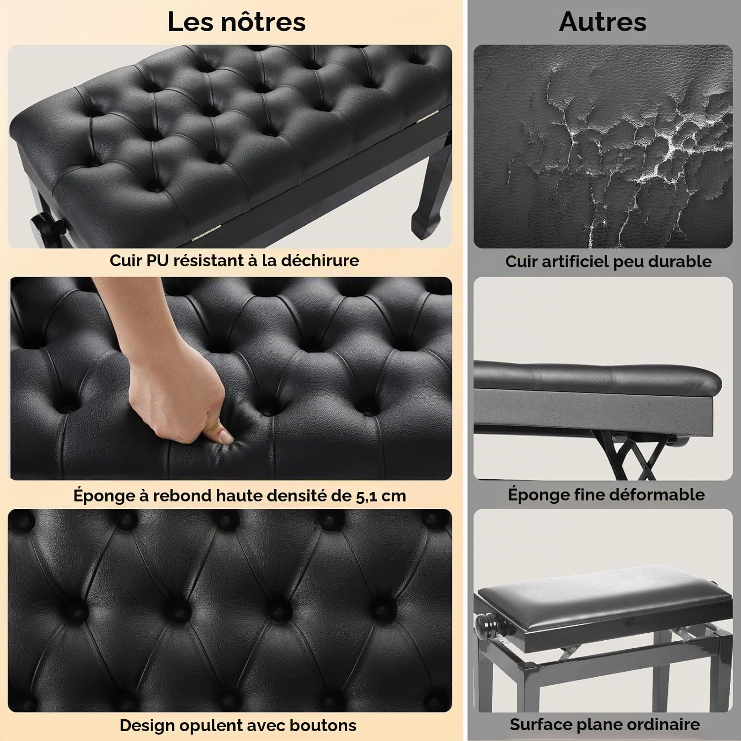 LIFERUN Tabouret Piano avec Hauteur Réglable 50-58 cm, Banc Piano Rangement Intégré, Banc de Piano Double avec Coussin en PU Epaissi, Pieds Courbés en Bois Massif, Antidérapant, Charge 200kg, Noir
