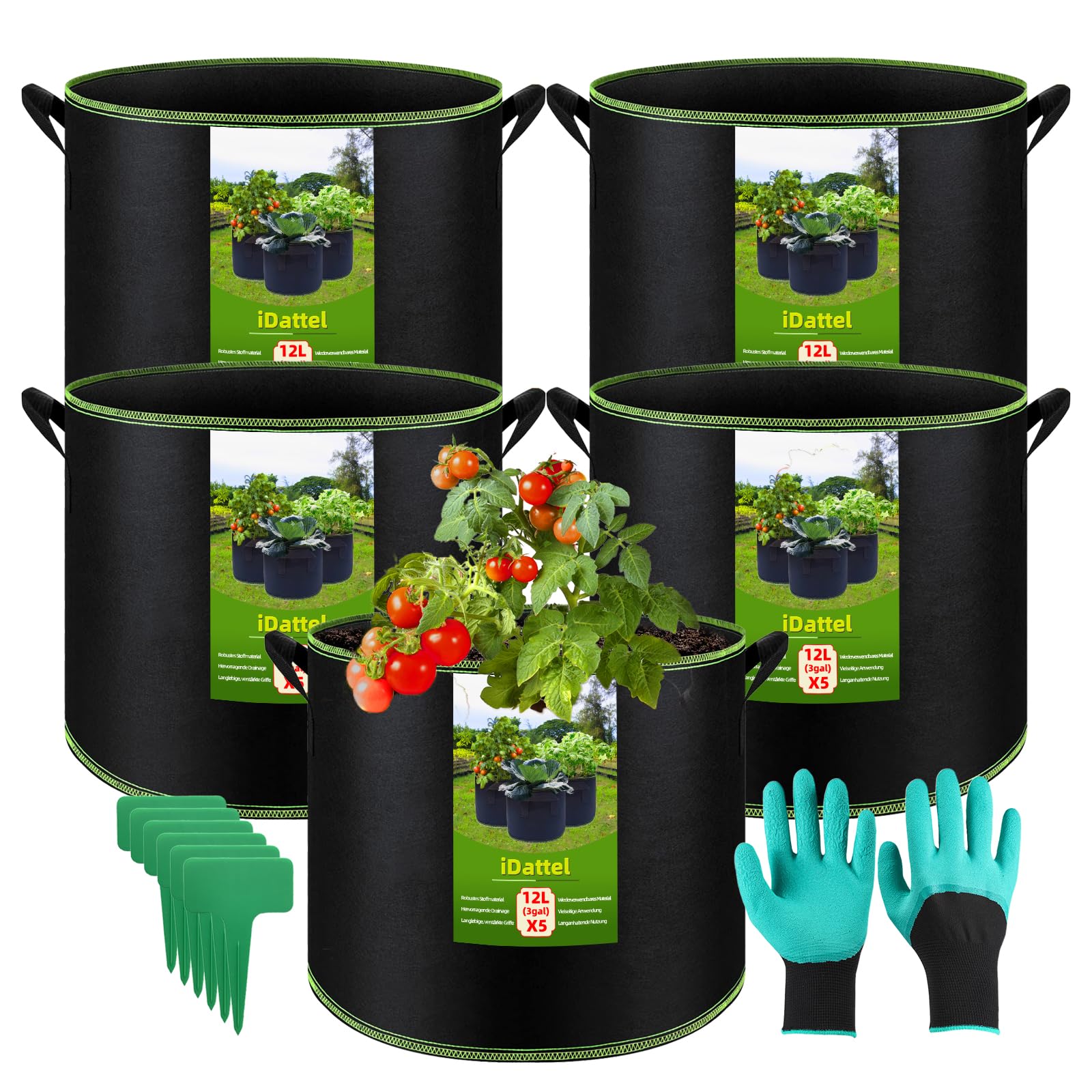 iDattel 5 Stück 12L Pflanzsack,Stofftopf,pflanztaschen mit Griffen-Wiederverwendbare Robuster Stofftöpf für Tomaten & Gemüse - Atmungsaktiver Tomatentopf als Grow Bag für Blumenbeete, Balkonpflanzen