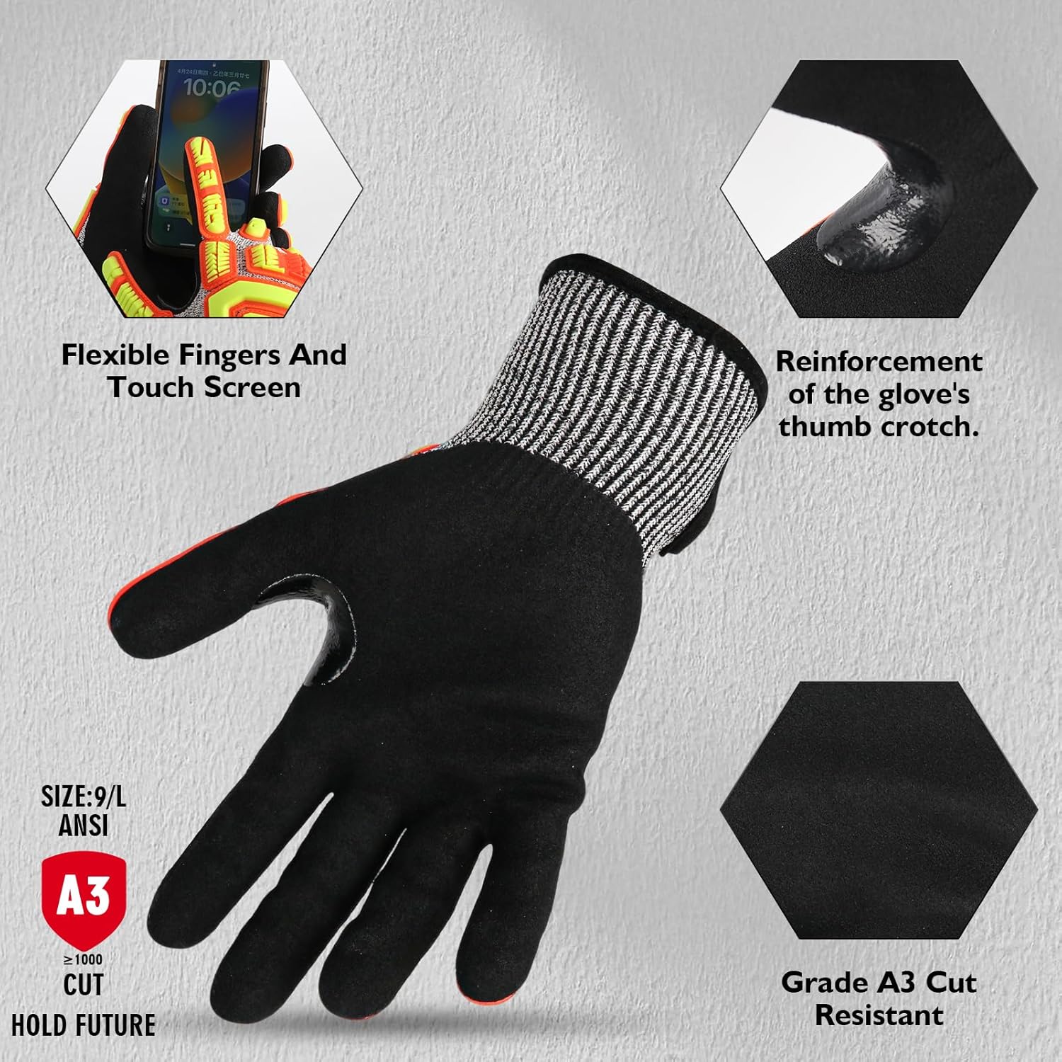 Protective Gloves Cut Resistant A3 Impact Resistant Touchscreen Sandy Nitrile Coating Reinforcement