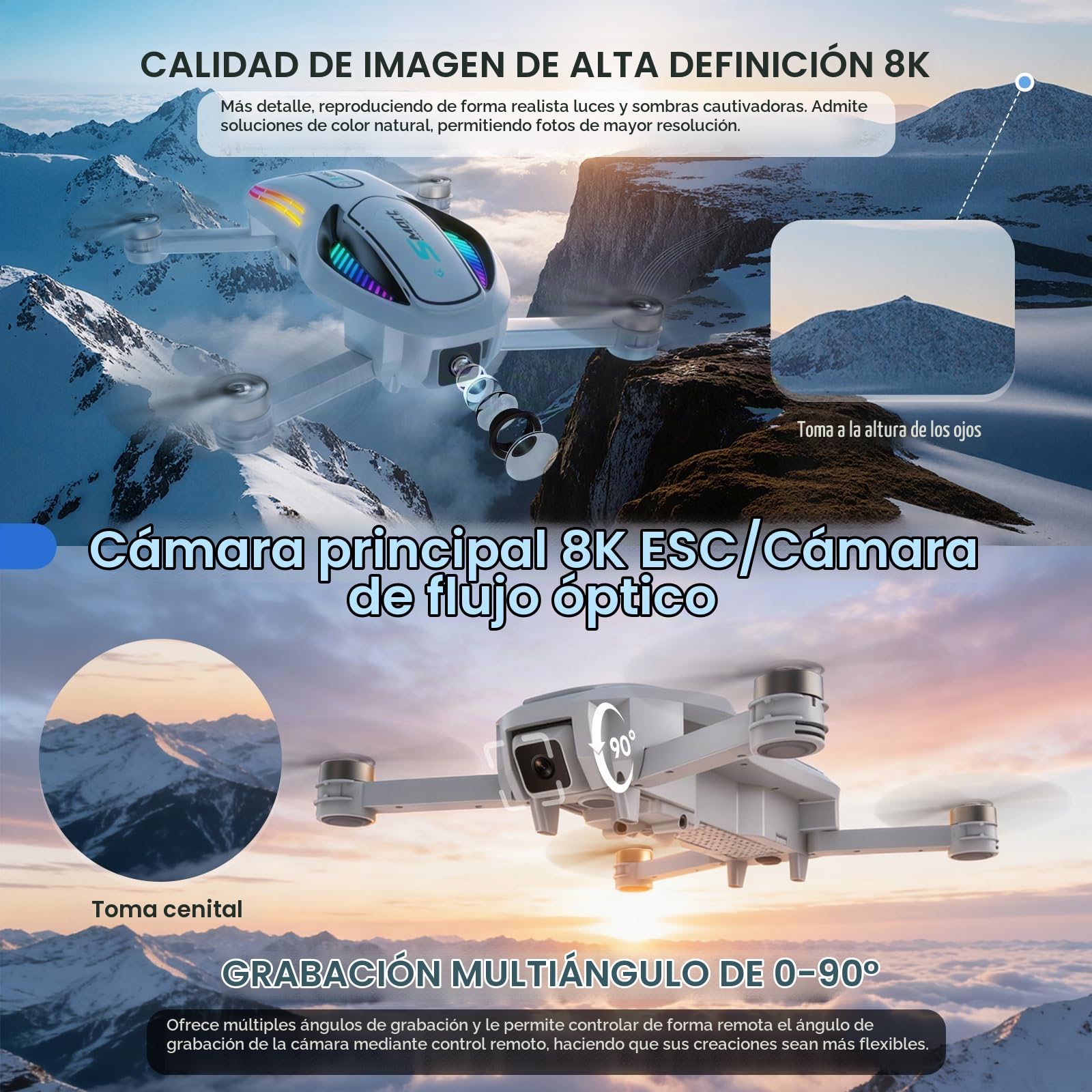 Drone 8K HD con Pantalla y Cámara Dual, Dron con Evitación de Obstáculos & Flujo Óptico, 30 fps Quadcopter, Plegable, Control por Gestos – Kit Completo para Adultos & Principiantes